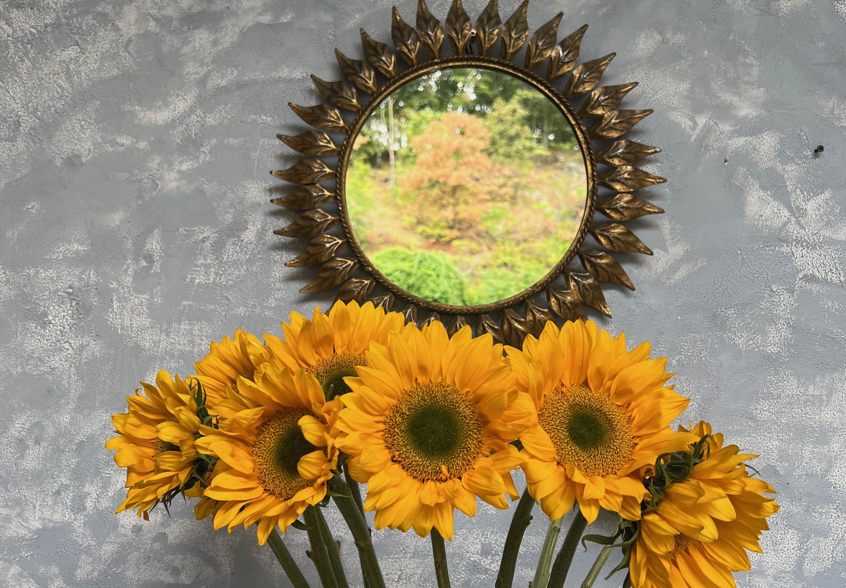 A Spanish 1950s sunburst mirror with tightly placed leaves or rays. This stunning Spanish sunburst mirror from the 1950s exudes whimsy and elegance. The tightly placed leaves or rays that emanate from its center create a sense of energy and