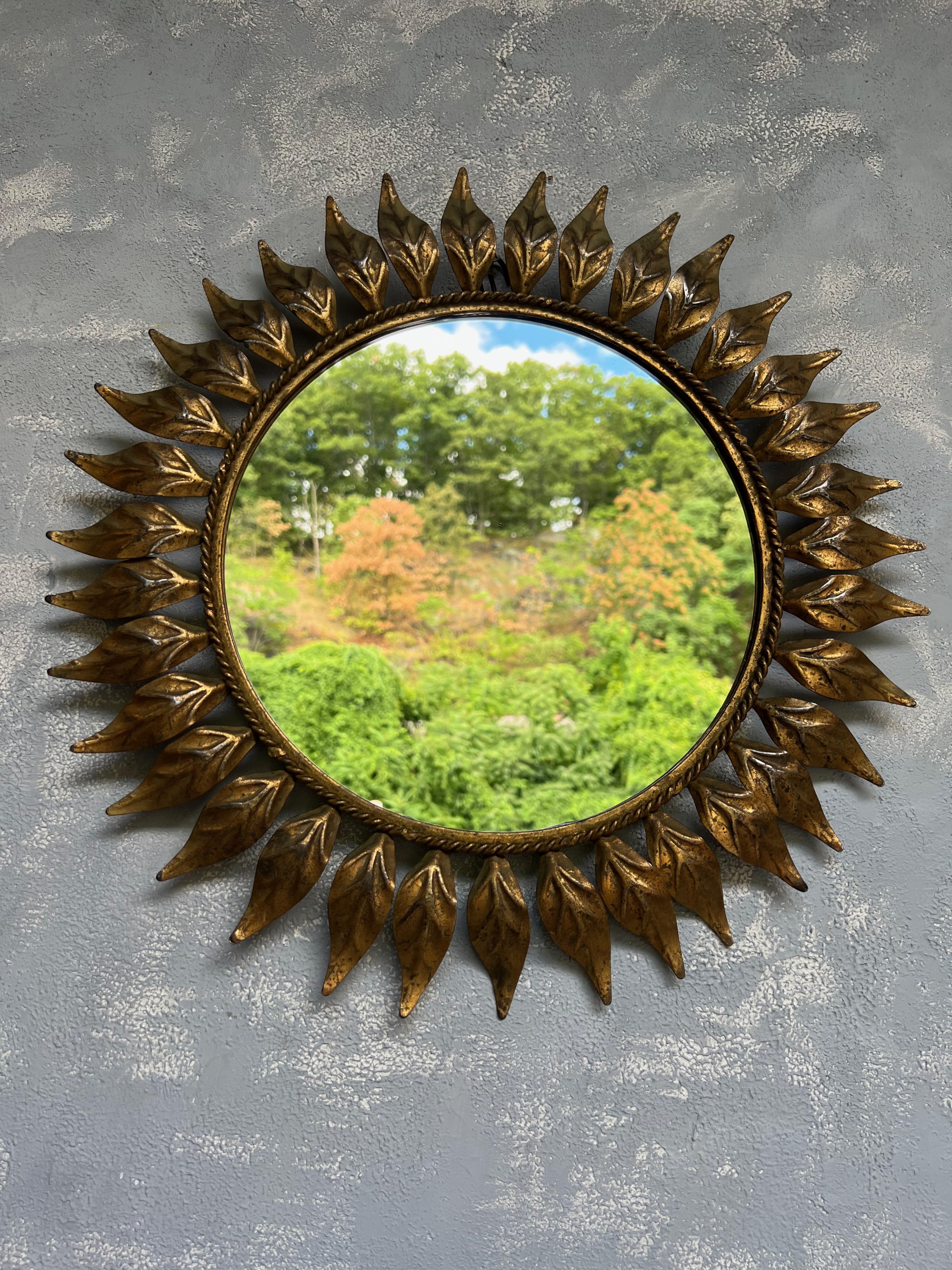 Mid-Century Modern Small Spanish Round Gilt Metal Sunburst Mirror For Sale