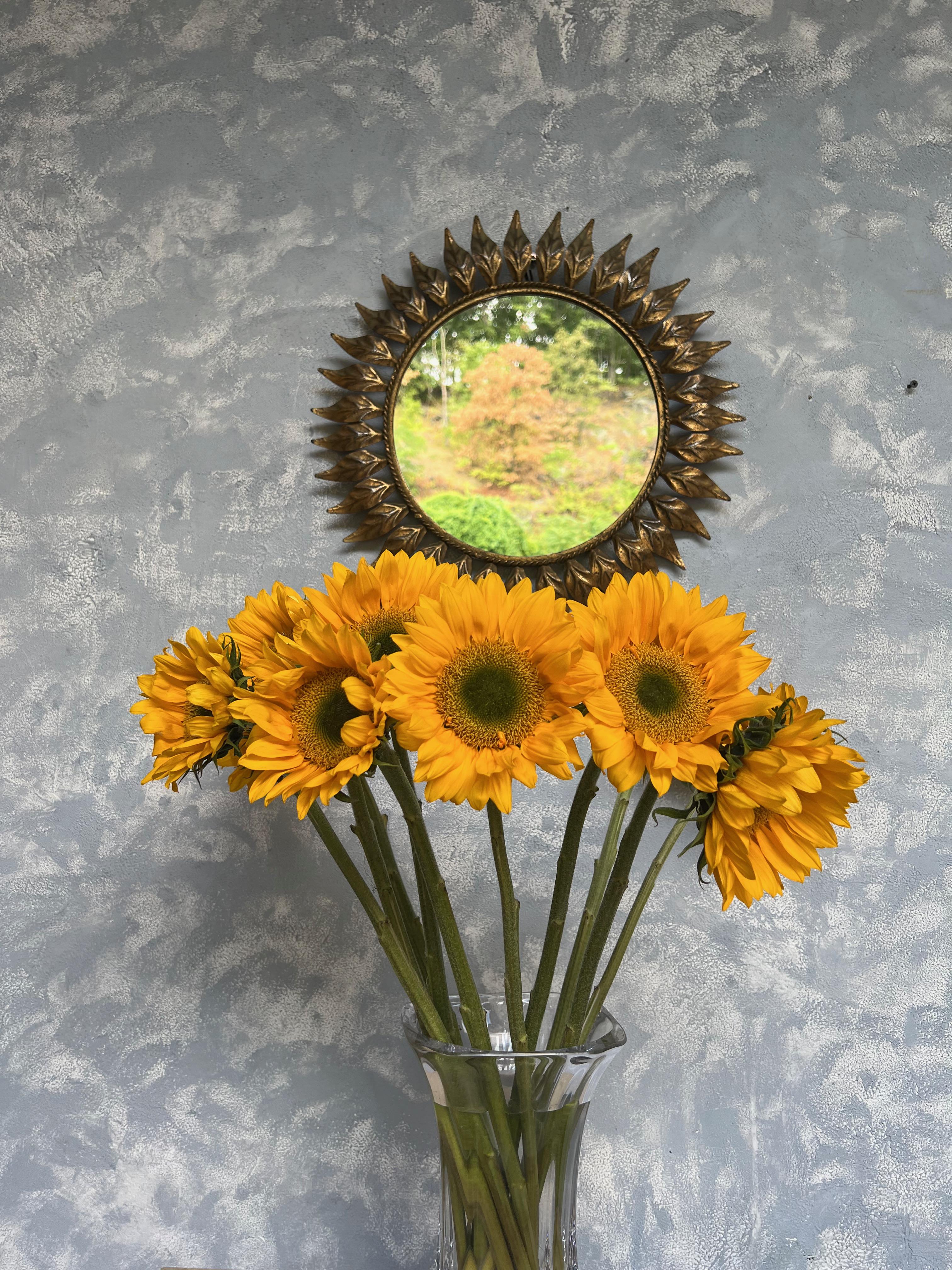 Small Spanish Round Gilt Metal Sunburst Mirror In Good Condition For Sale In Buchanan, NY