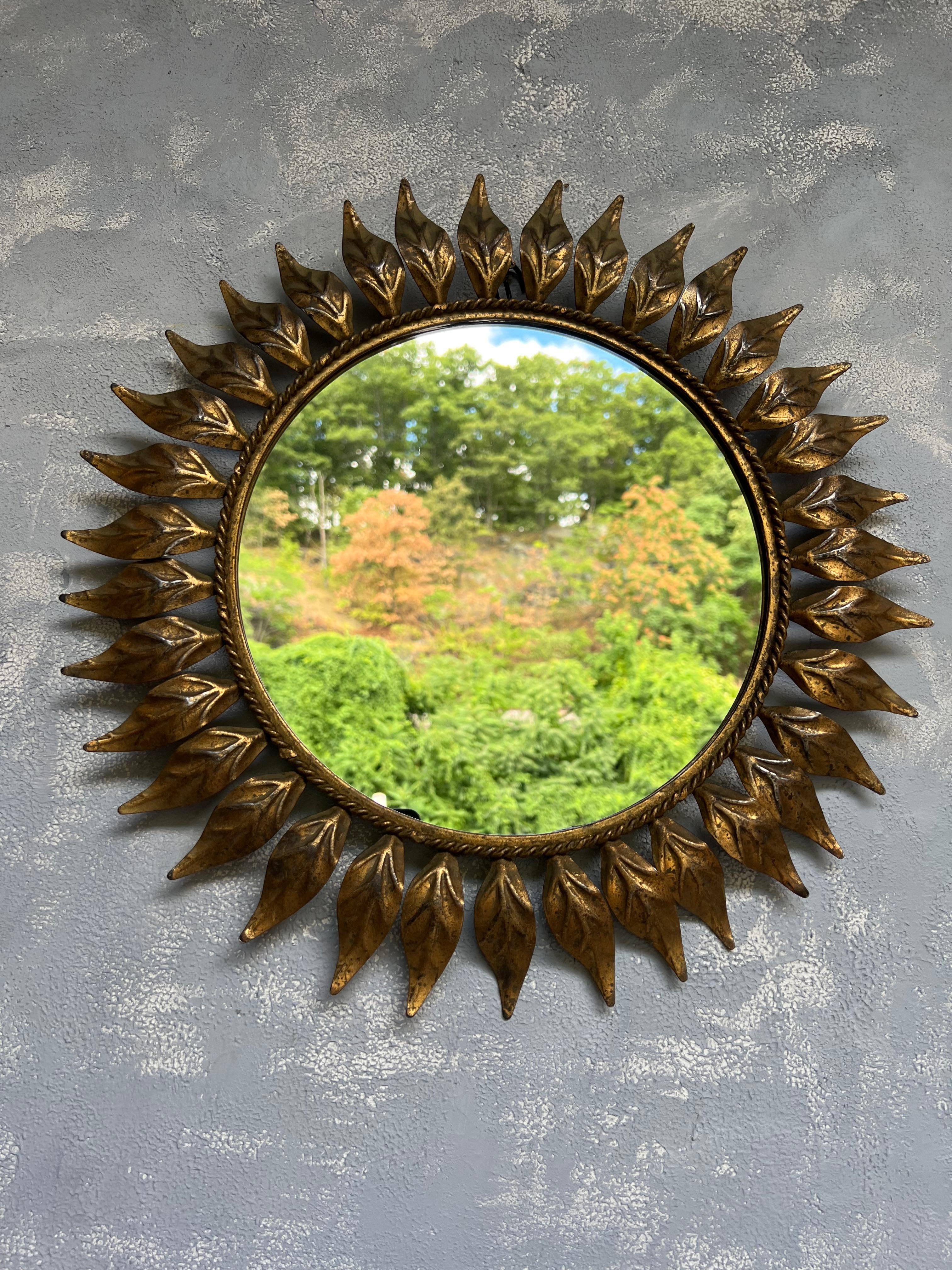 Mid-20th Century Small Spanish Round Gilt Metal Sunburst Mirror For Sale