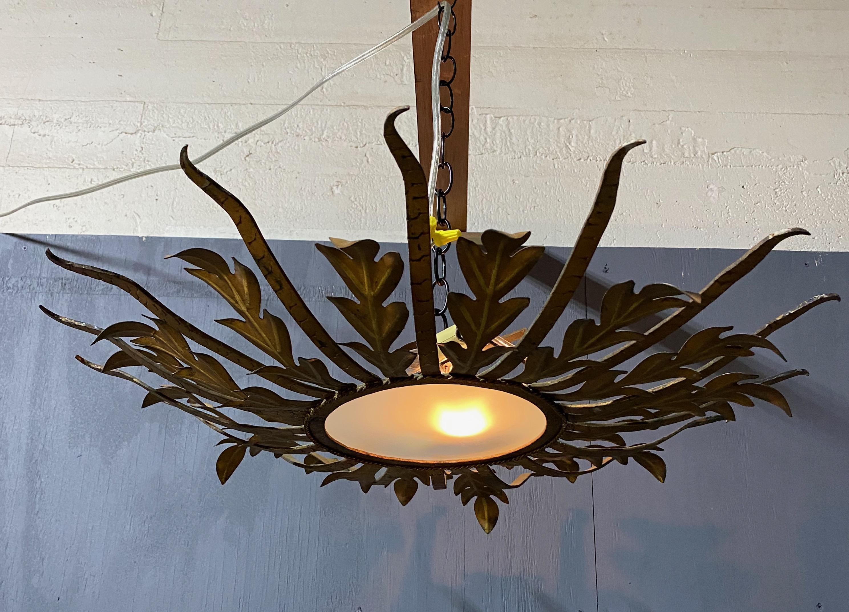 Spanish Gilt Metal Sunburst  Ceiling Fixture with Frosted Glass 5