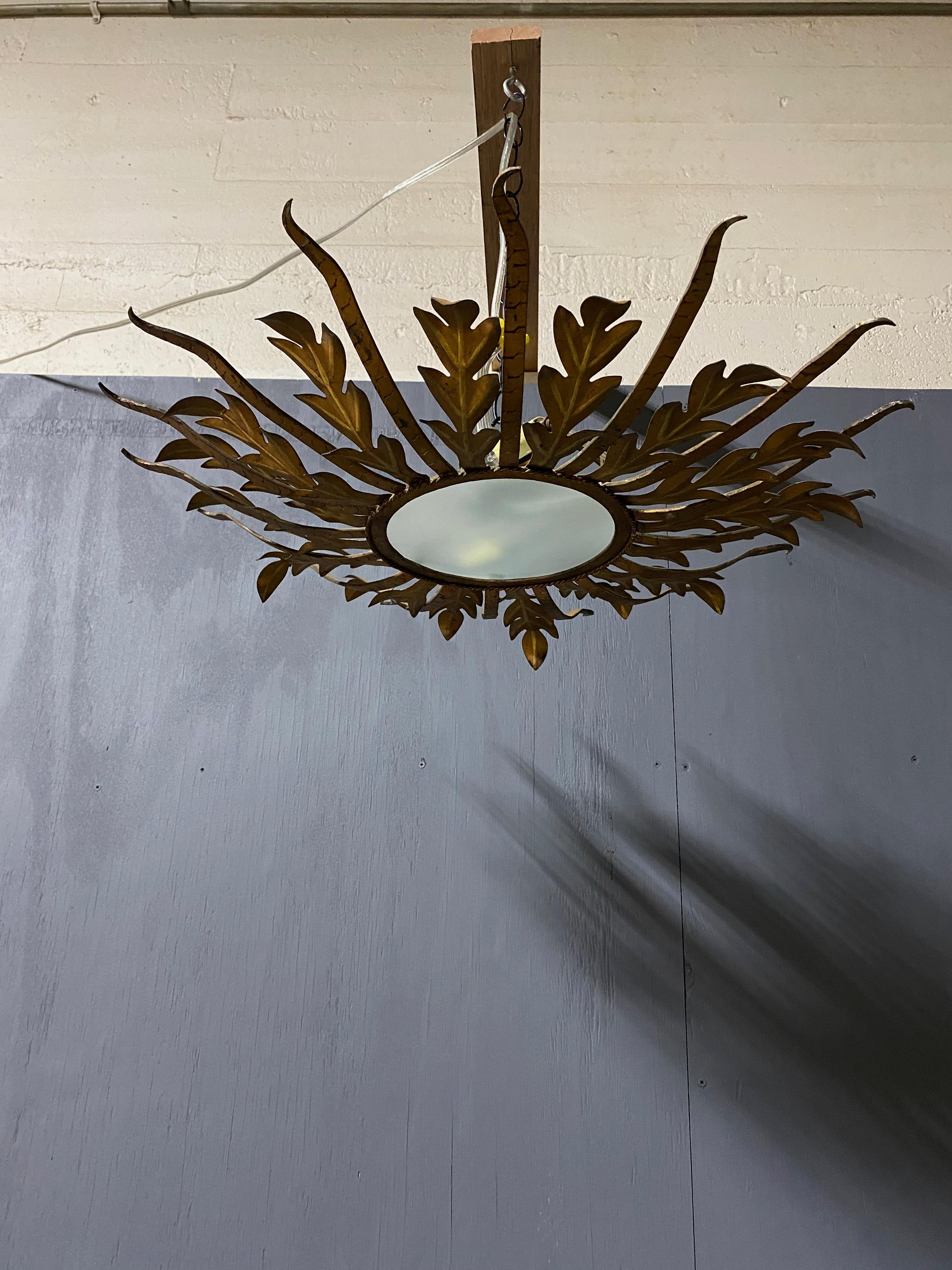 Mid-Century Modern Spanish Gilt Metal Sunburst  Ceiling Fixture with Frosted Glass