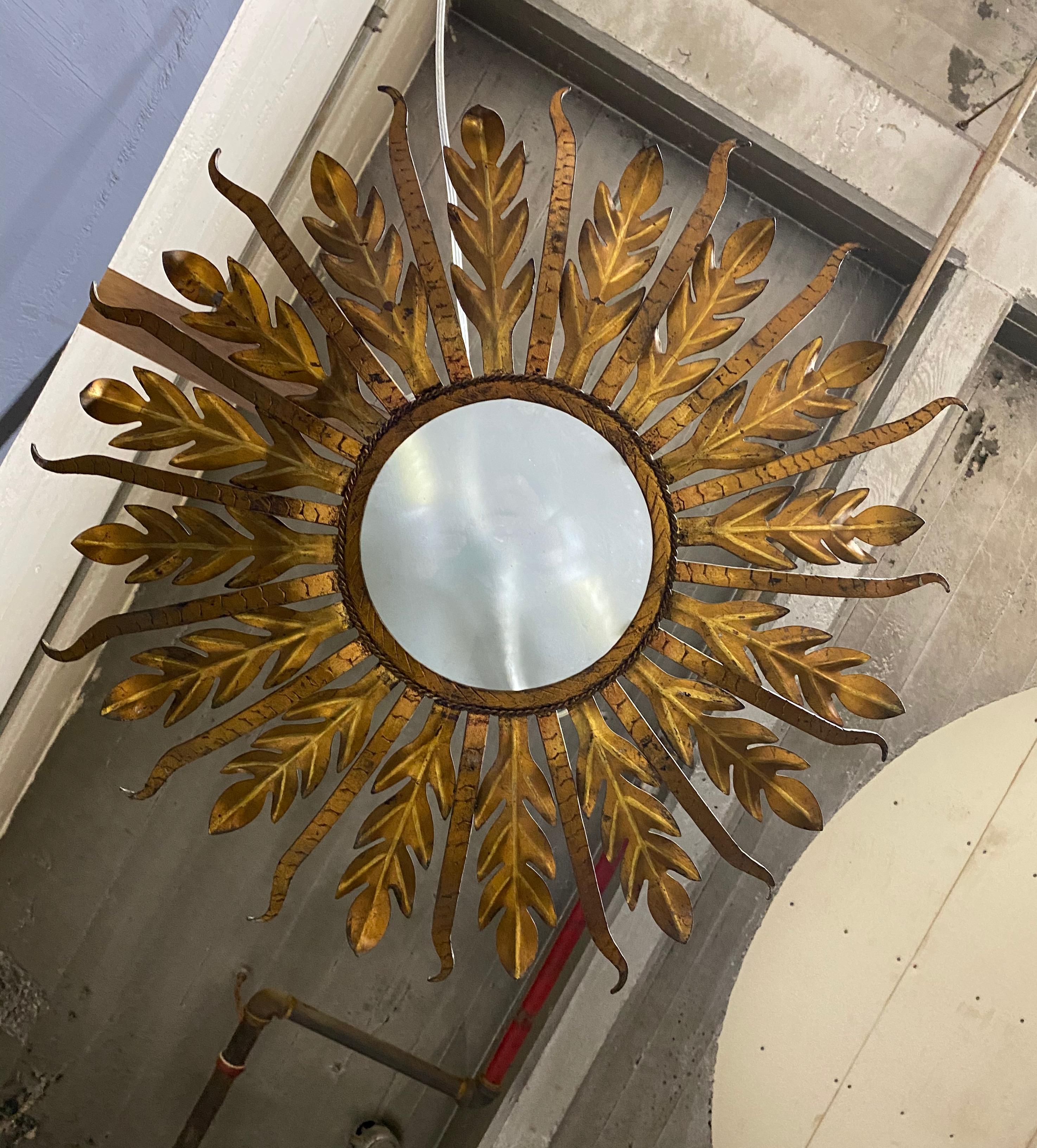 Spanish Gilt Metal Sunburst  Ceiling Fixture with Frosted Glass 2