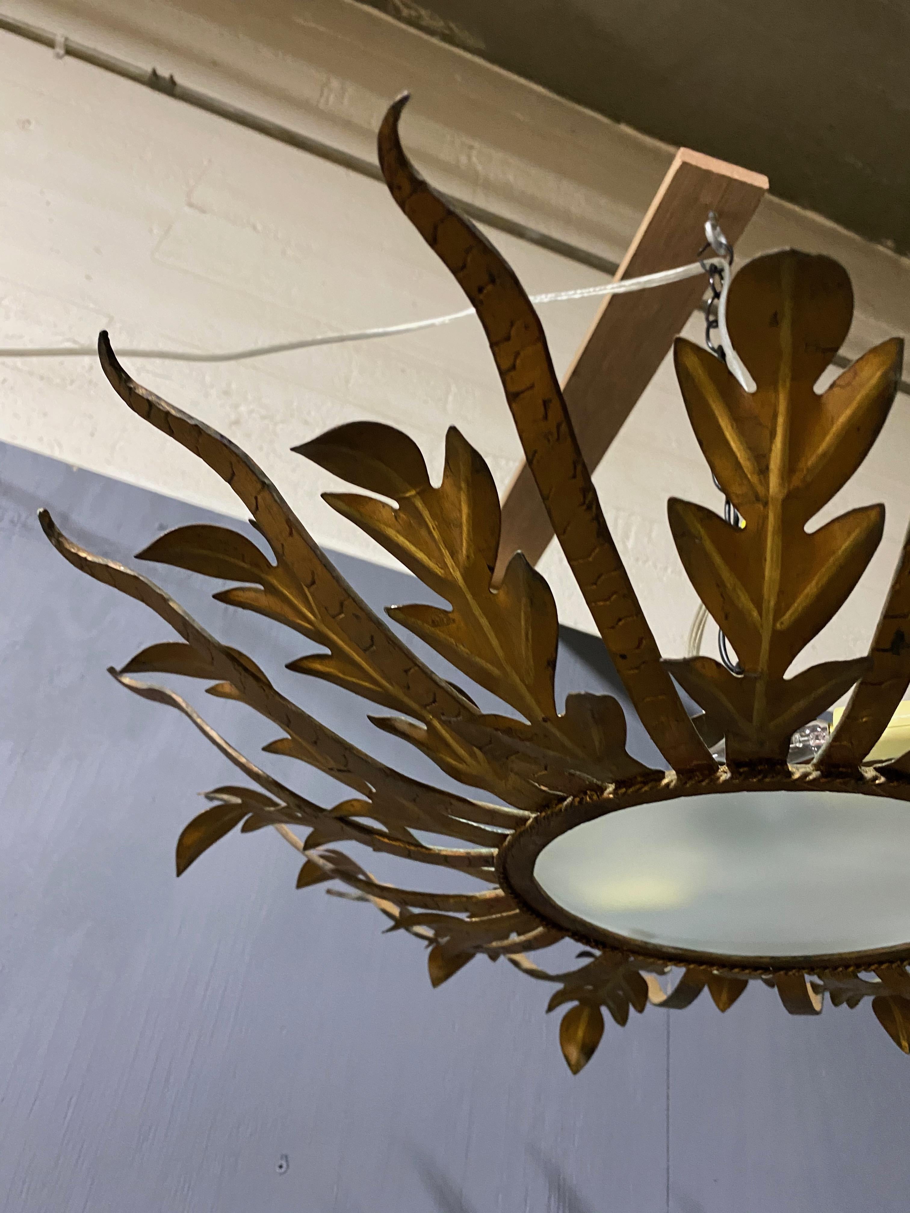 Spanish Gilt Metal Sunburst  Ceiling Fixture with Frosted Glass 3