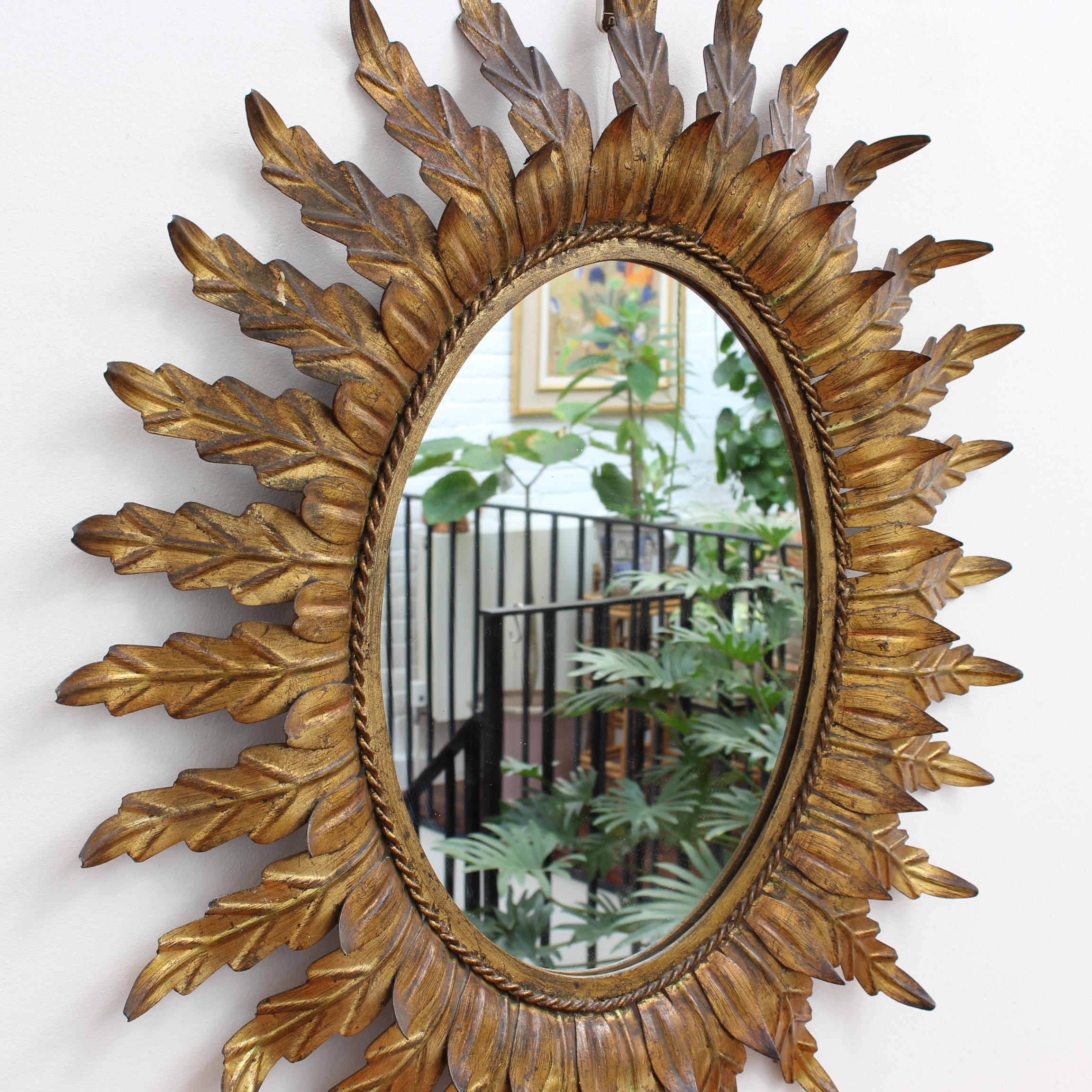 Sheet Metal Spanish Gilt Metal Sunburst Mirror, circa 1960s