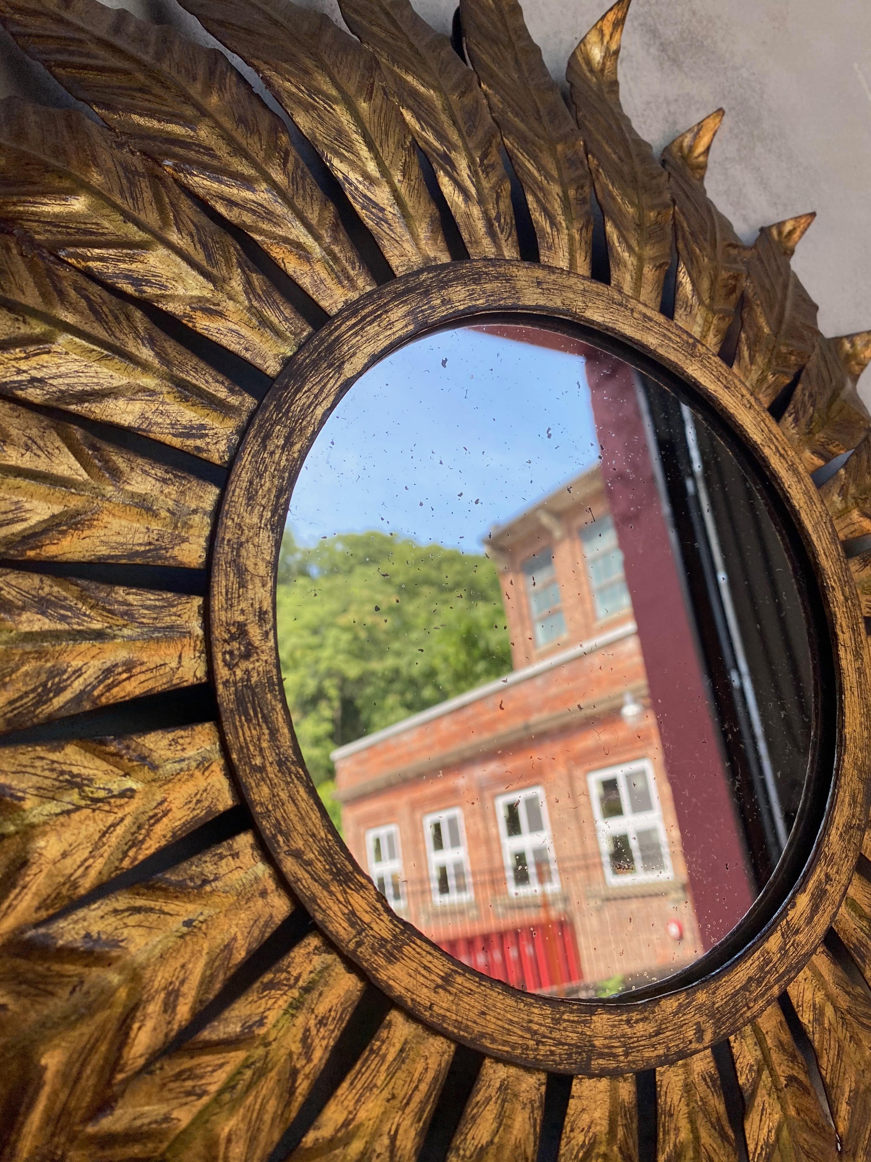 Round Spanish Gilt Metal Sunburst Mirror With Large Radiating Leaves For Sale 5