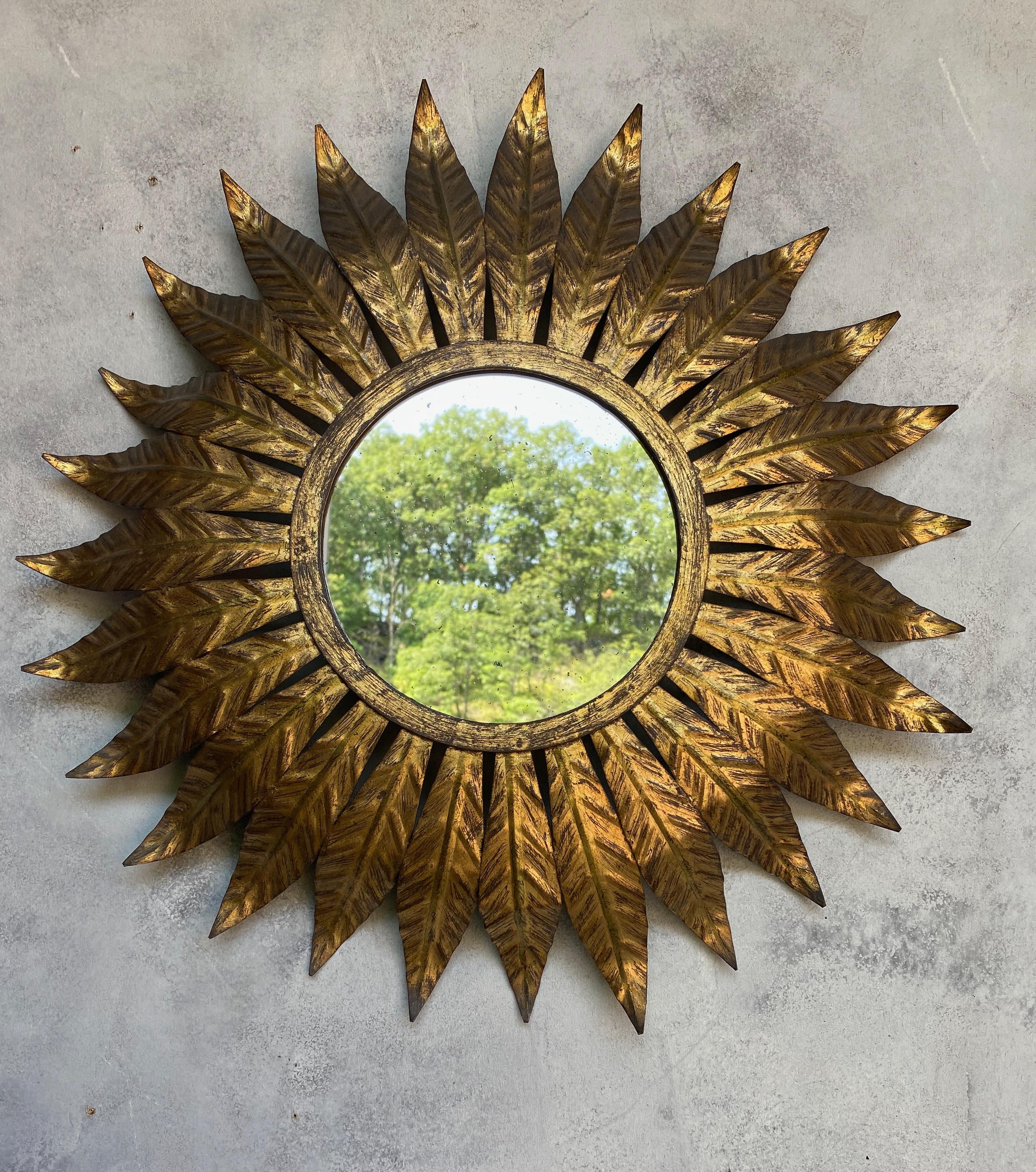 Art Nouveau Round Spanish Gilt Metal Sunburst Mirror With Large Radiating Leaves For Sale
