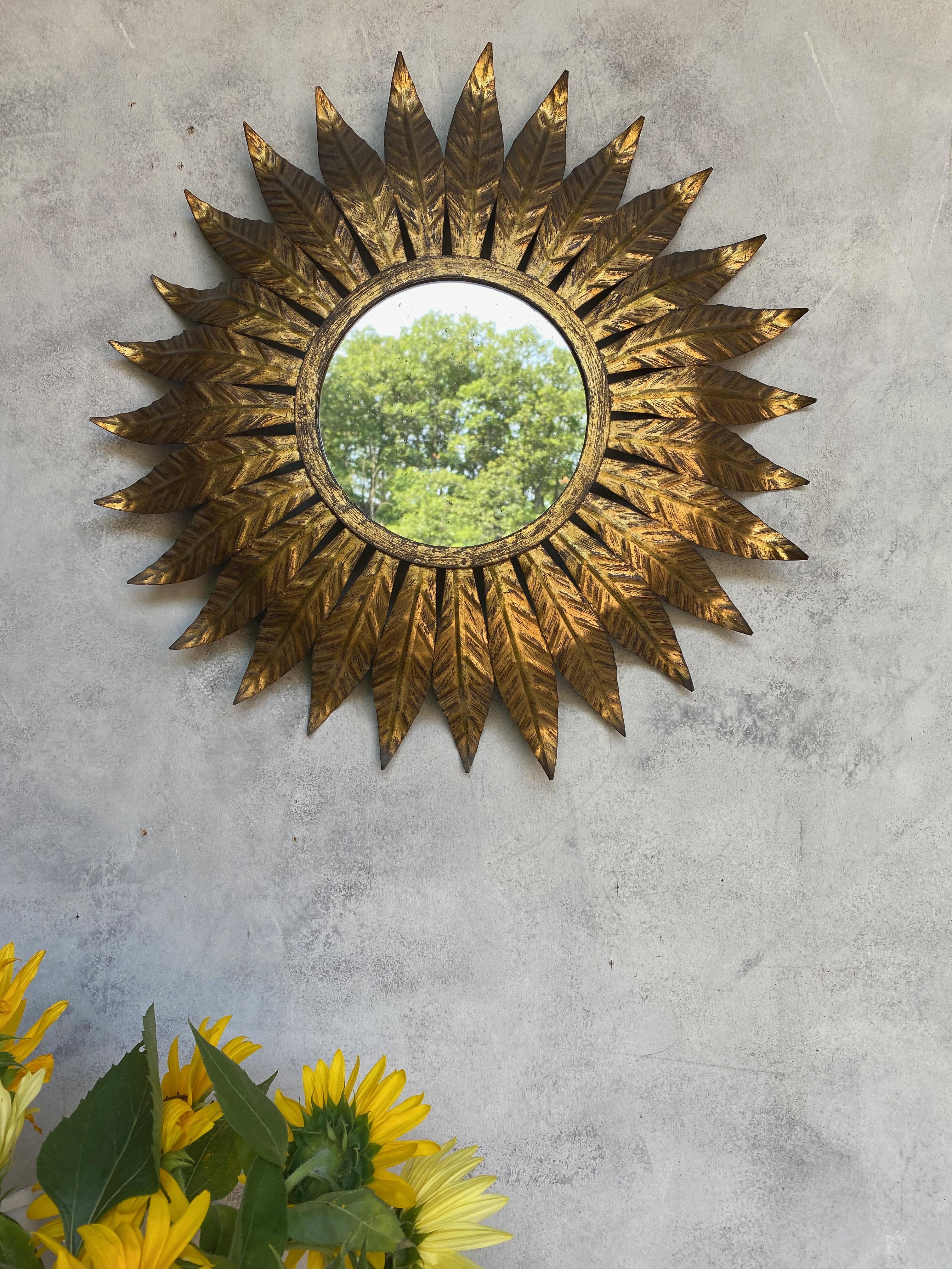 Mid-20th Century Round Spanish Gilt Metal Sunburst Mirror With Large Radiating Leaves For Sale