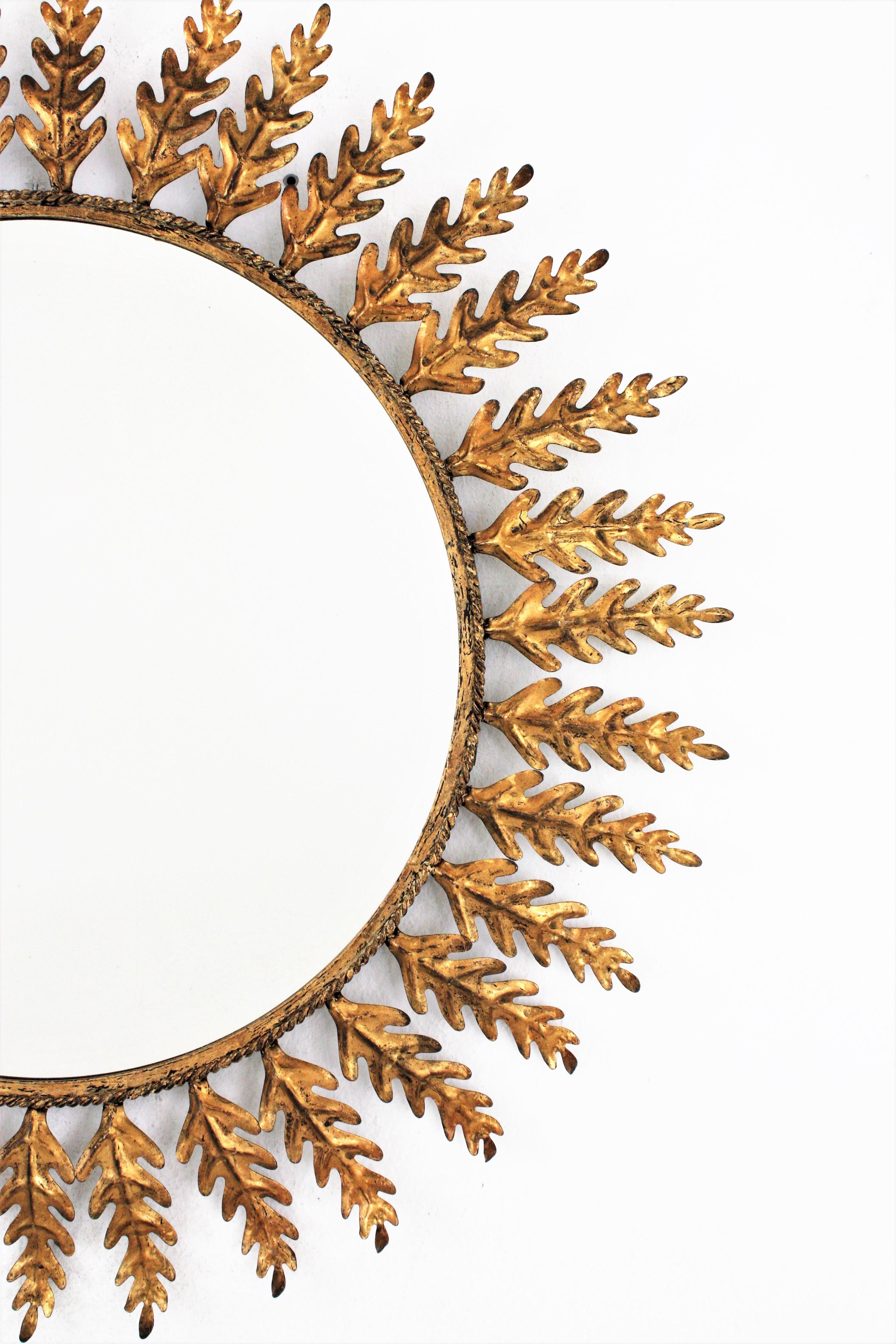 Hollywood Regency Sunburst Mirror with Foliage Frame, Gilt Metal, 1960s