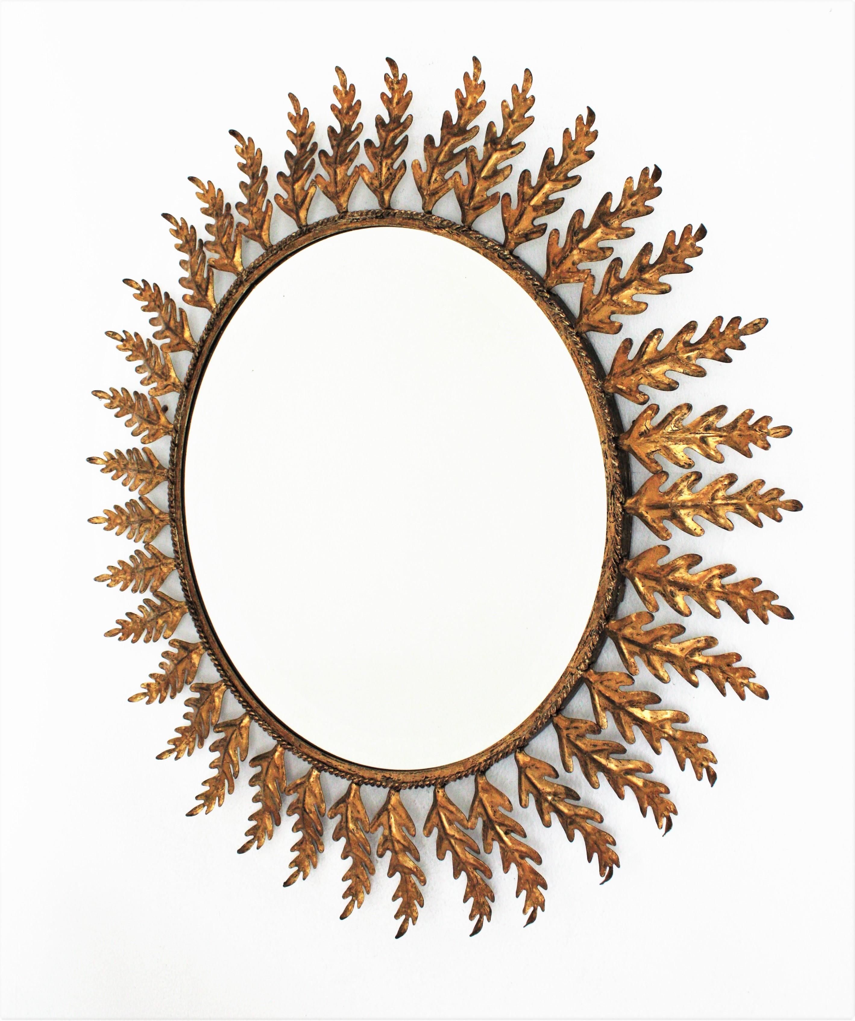 Sunburst Mirror with Foliage Frame, Gilt Metal, 1960s In Good Condition In Barcelona, ES