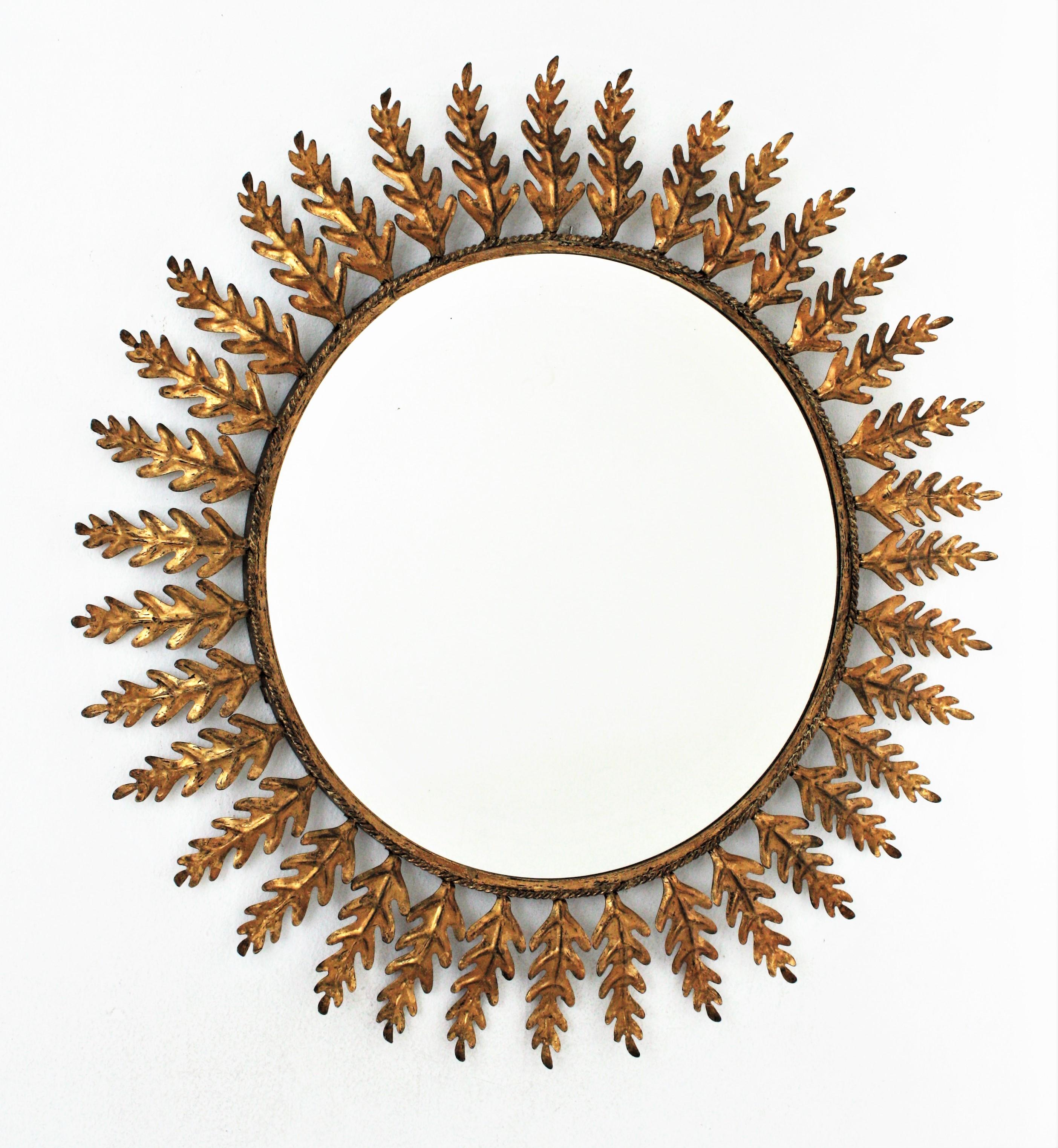 20th Century Sunburst Mirror with Foliage Frame, Gilt Metal, 1960s