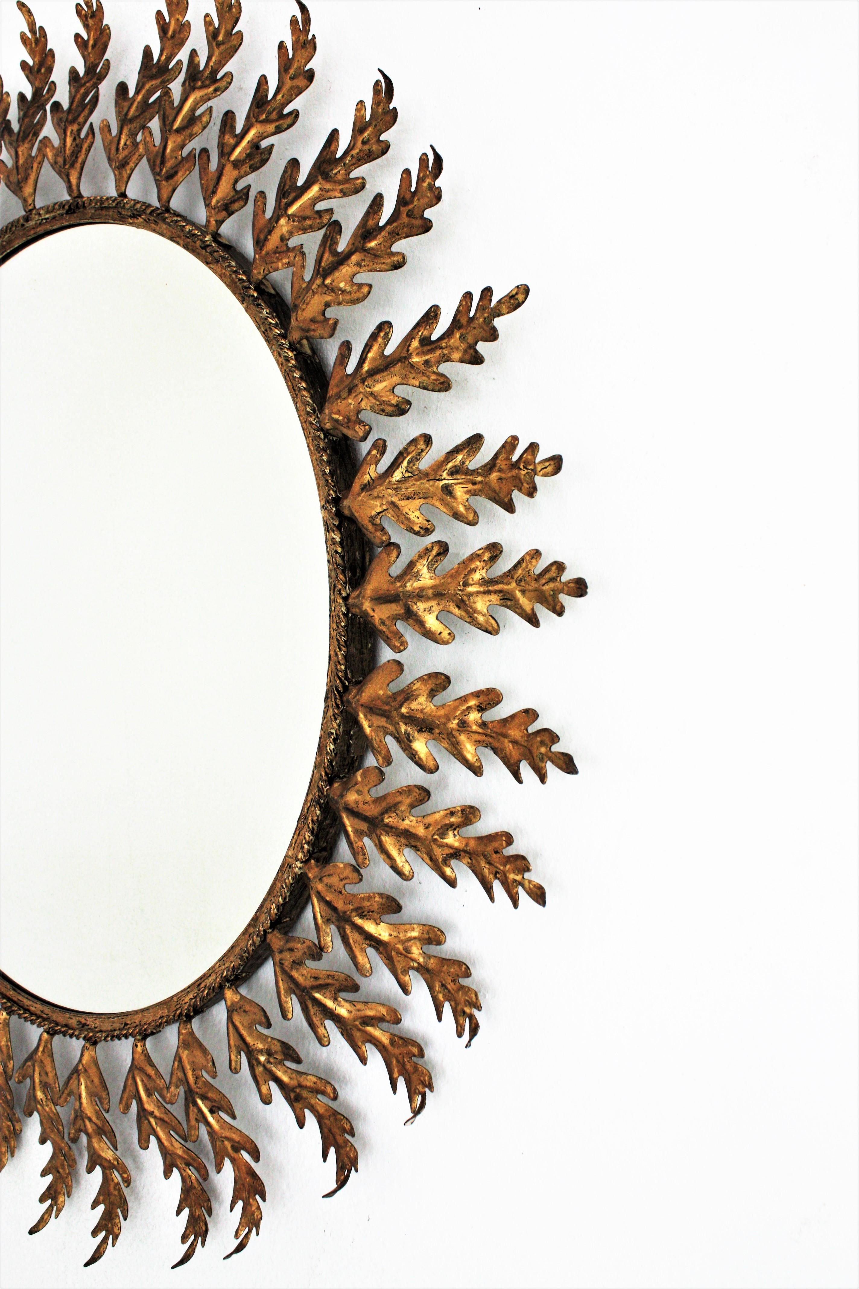 Sunburst Mirror with Foliage Frame, Gilt Metal, 1960s 1