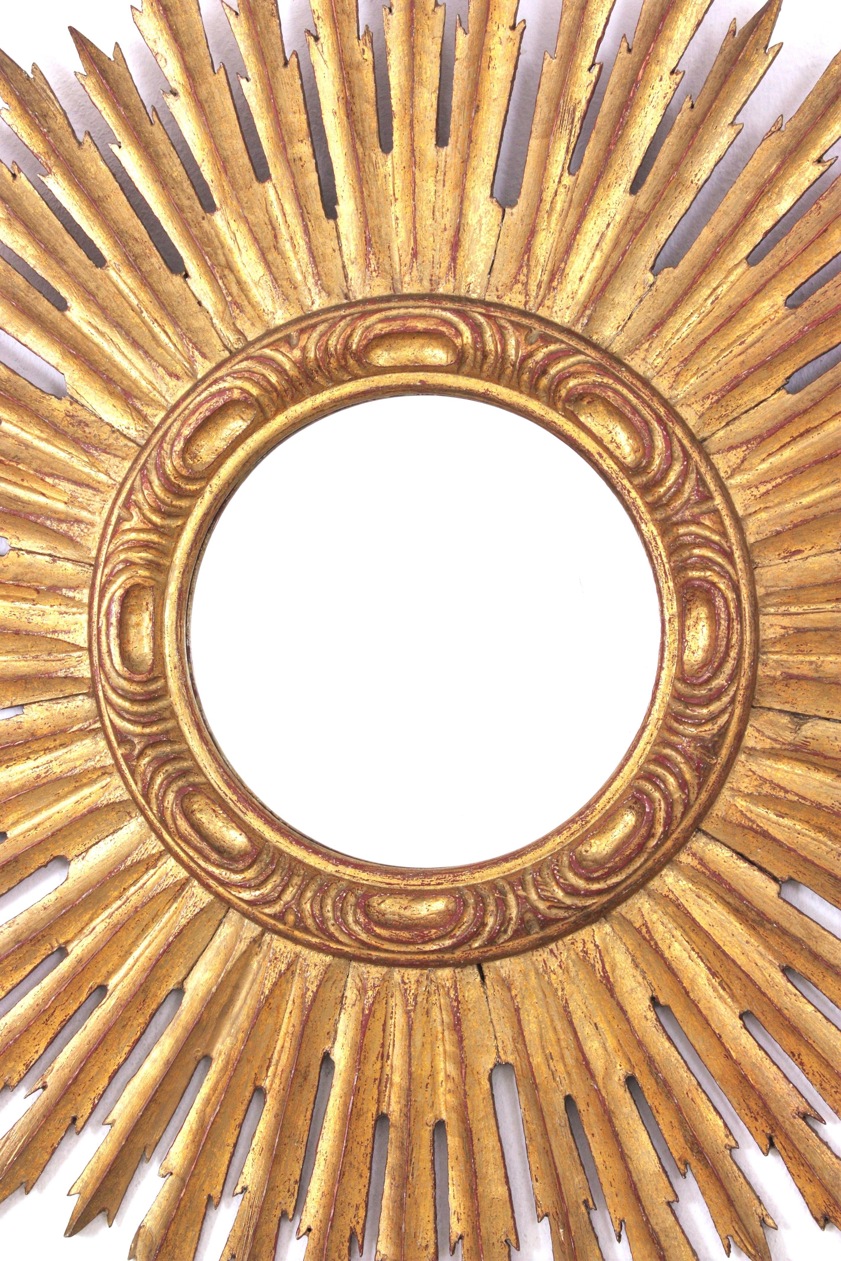 Spanish Gilt Sunburst Mirror, Carved Wood, Gold Leaf 5