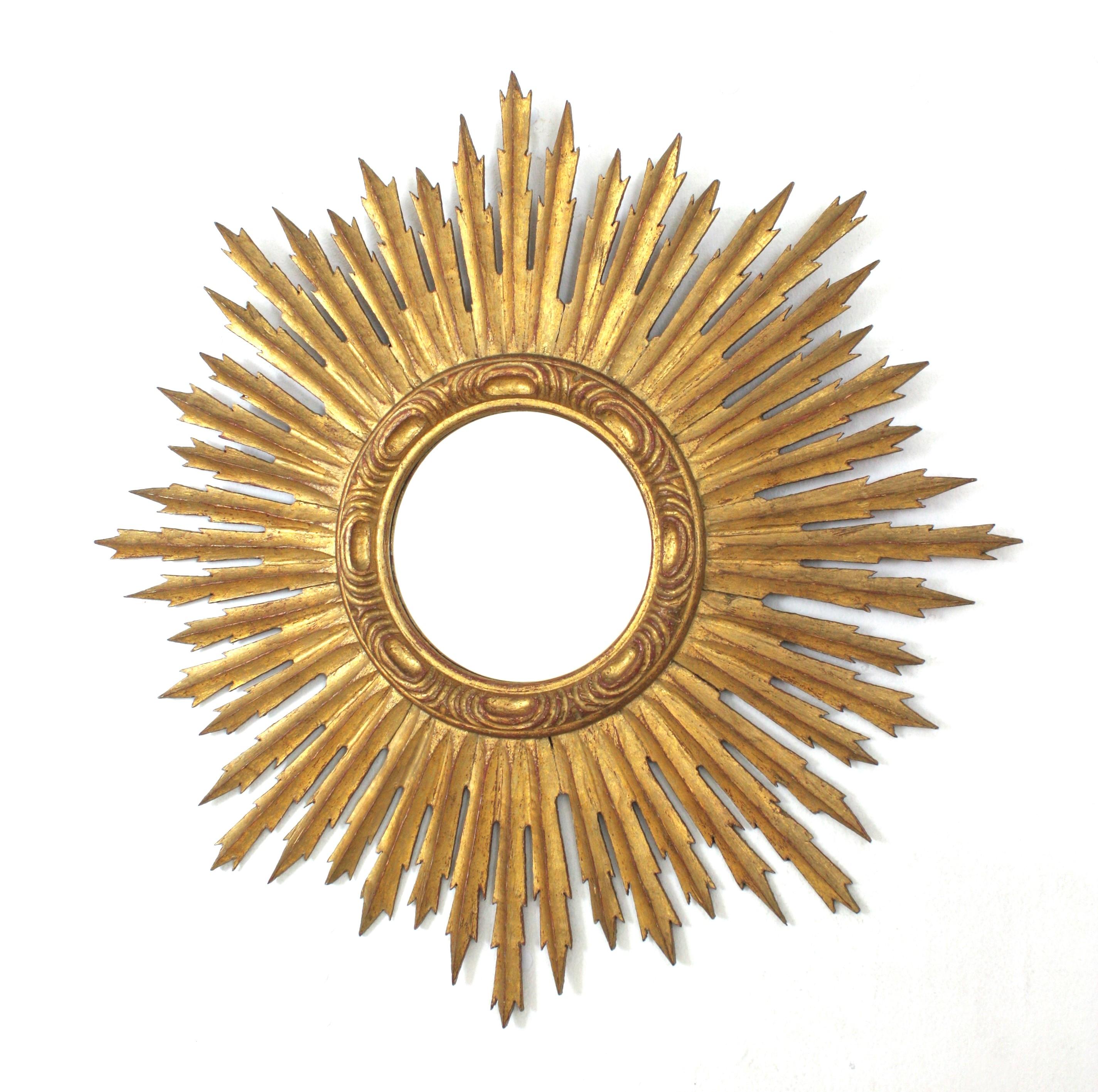 Spanish Gilt Sunburst Mirror, Carved Wood, Gold Leaf 6