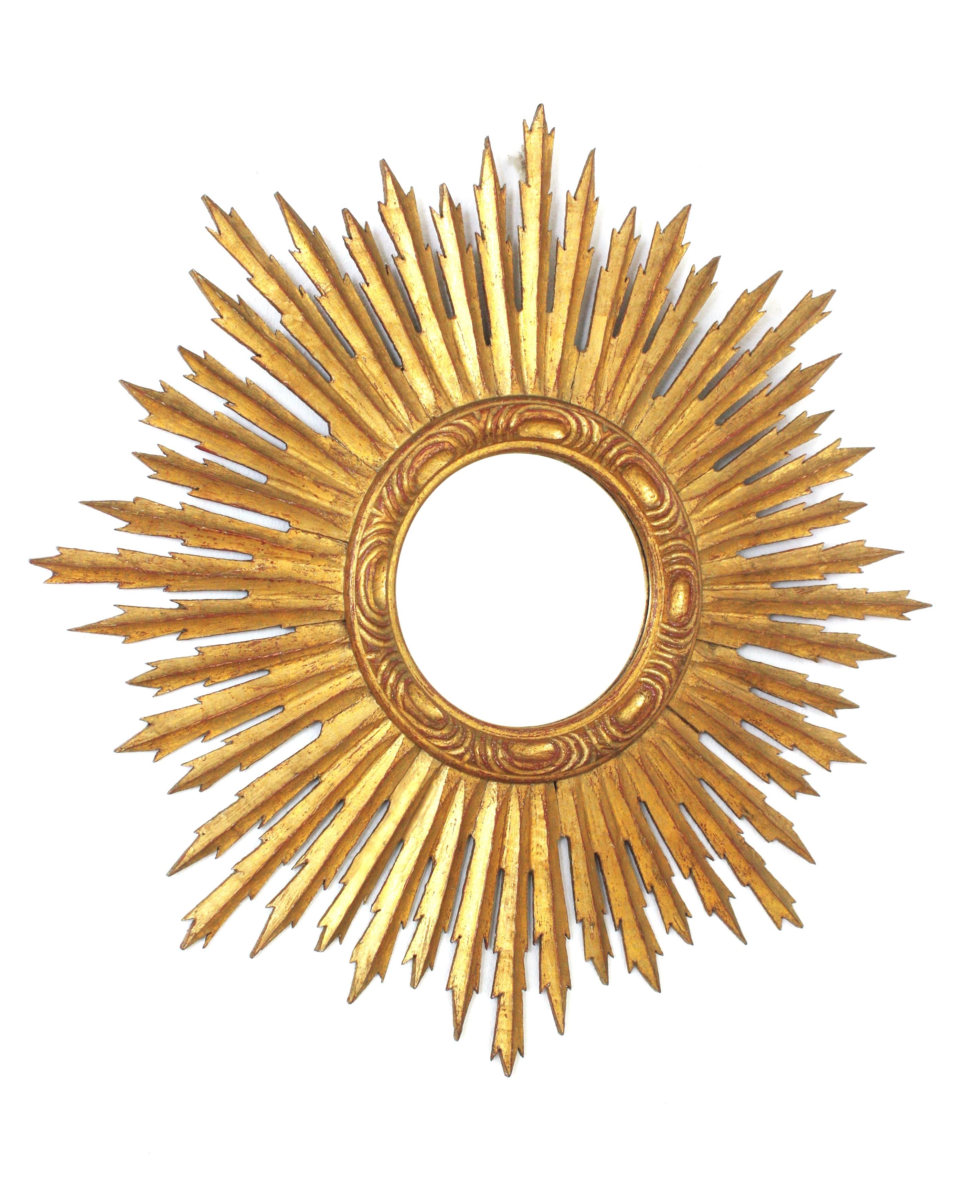 Baroque Spanish Gilt Sunburst Mirror, Carved Wood, Gold Leaf