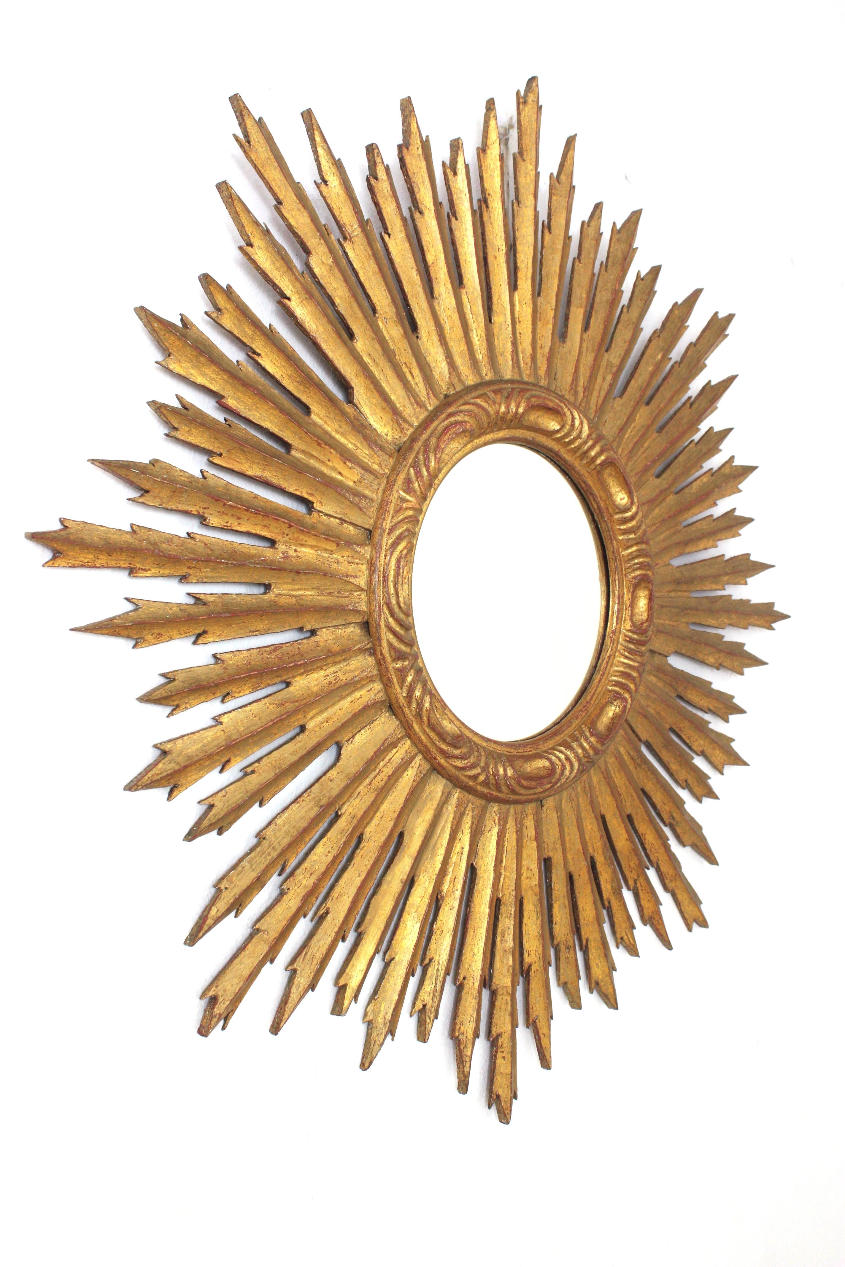 20th Century Spanish Gilt Sunburst Mirror, Carved Wood, Gold Leaf