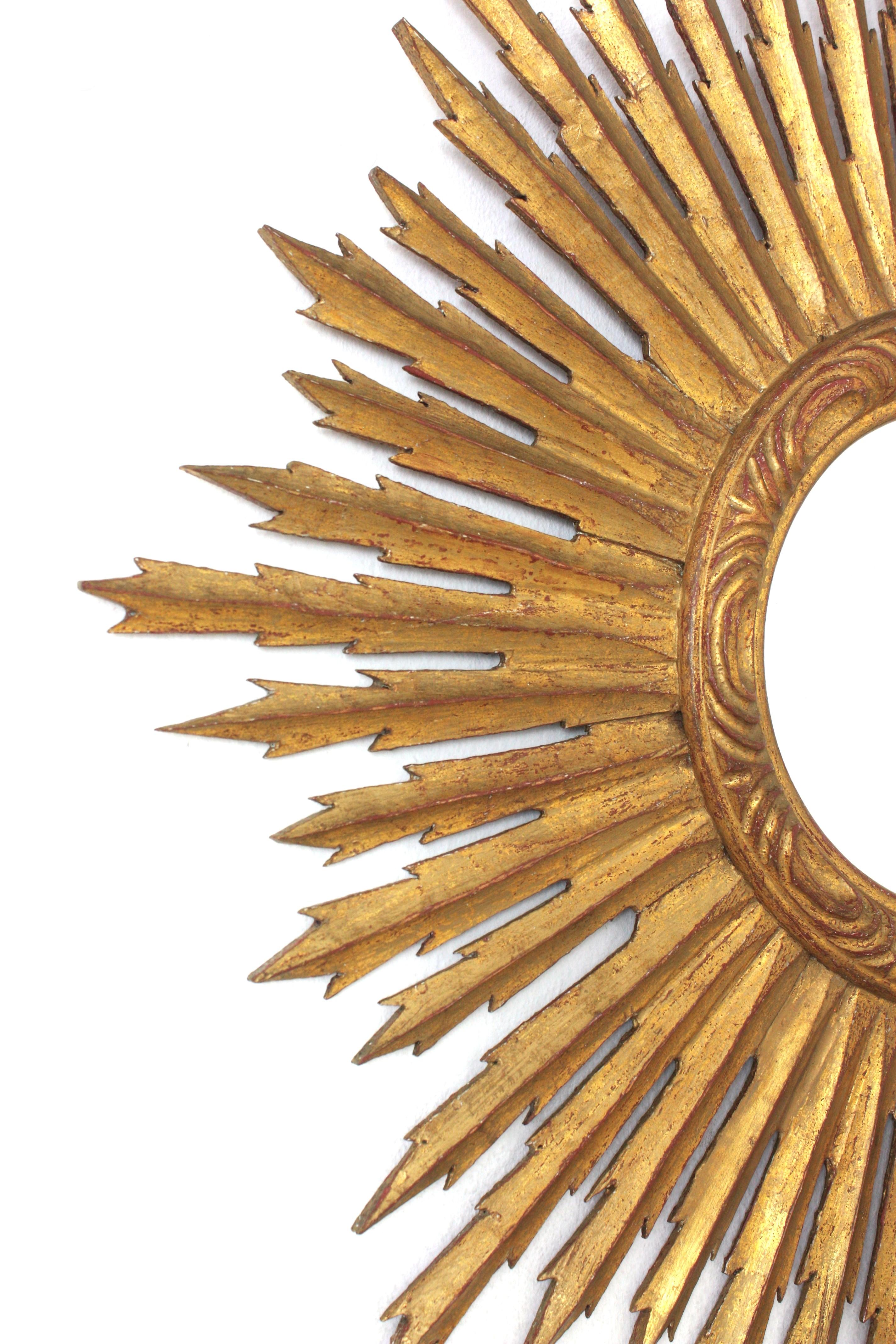 Spanish Gilt Sunburst Mirror, Carved Wood, Gold Leaf 1