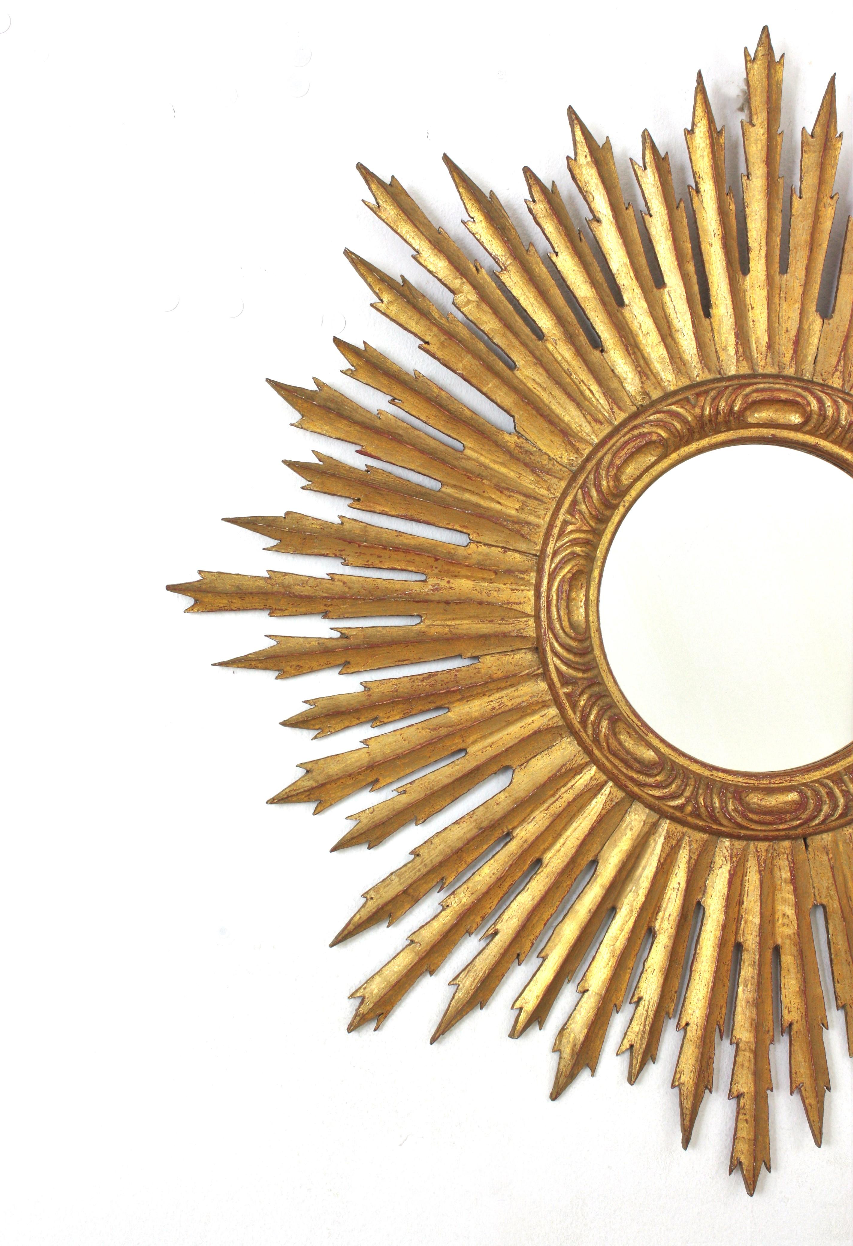 Spanish Gilt Sunburst Mirror, Carved Wood, Gold Leaf 2