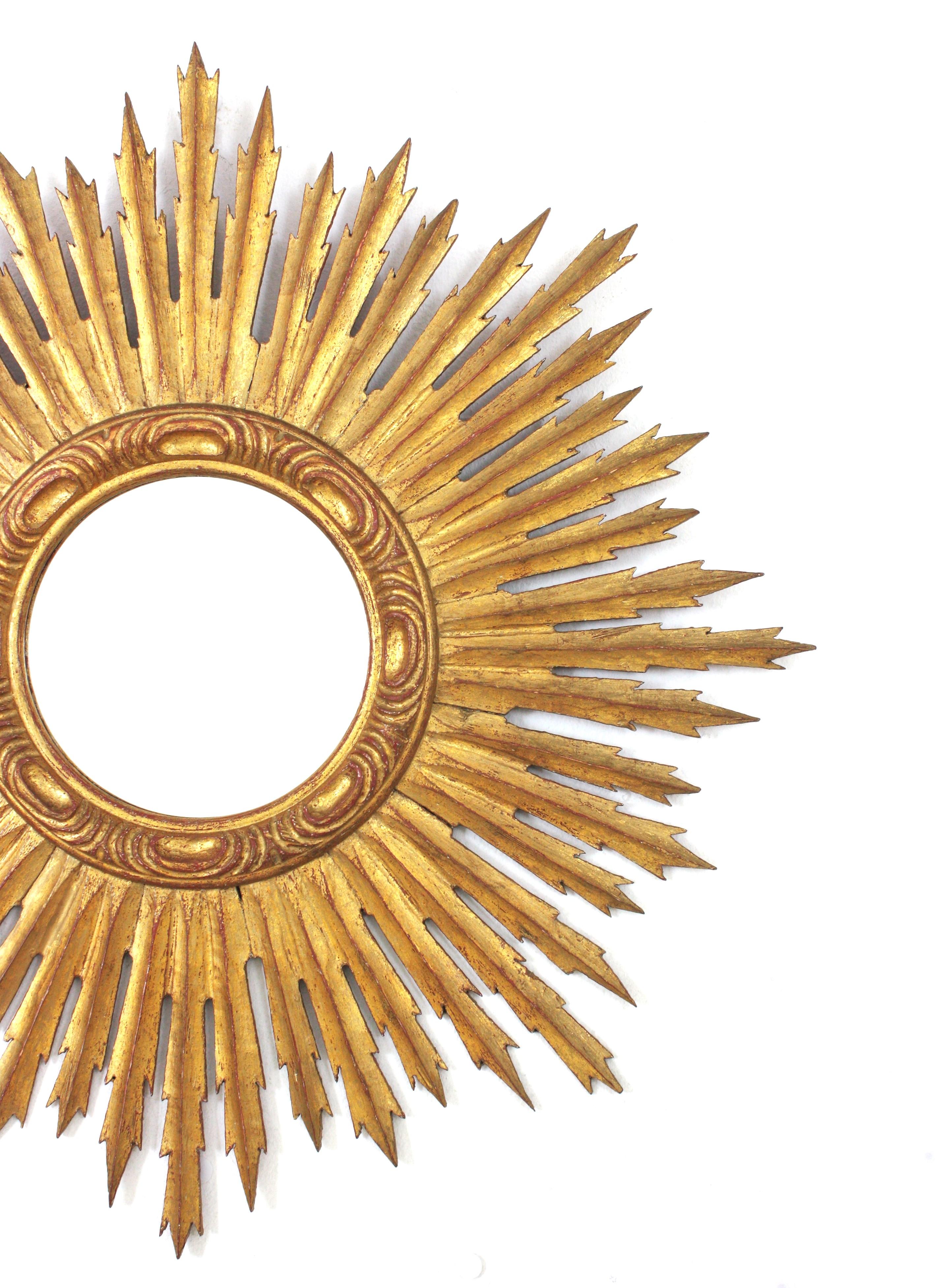 Spanish Gilt Sunburst Mirror, Carved Wood, Gold Leaf 3