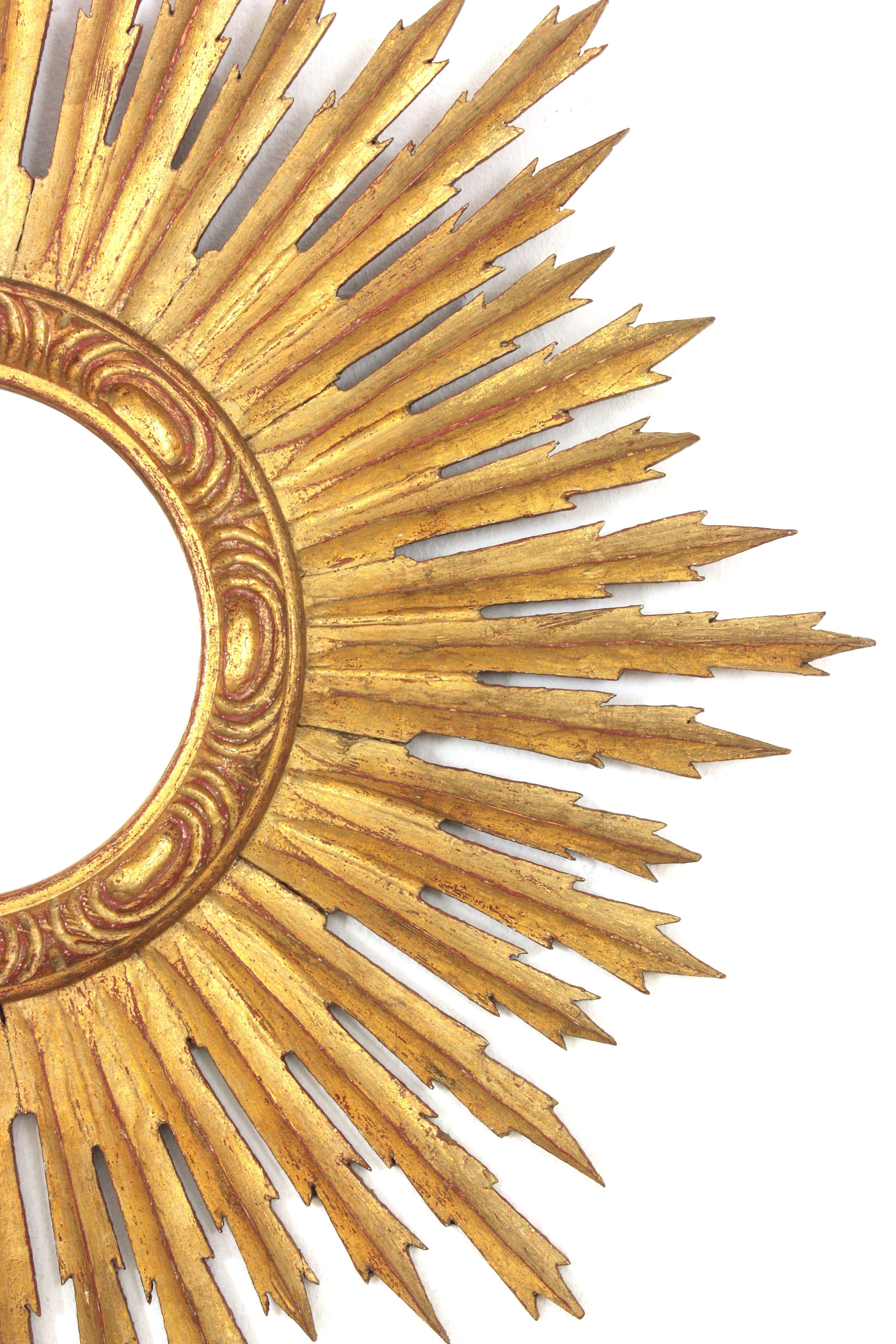 Spanish Gilt Sunburst Mirror, Carved Wood, Gold Leaf 4