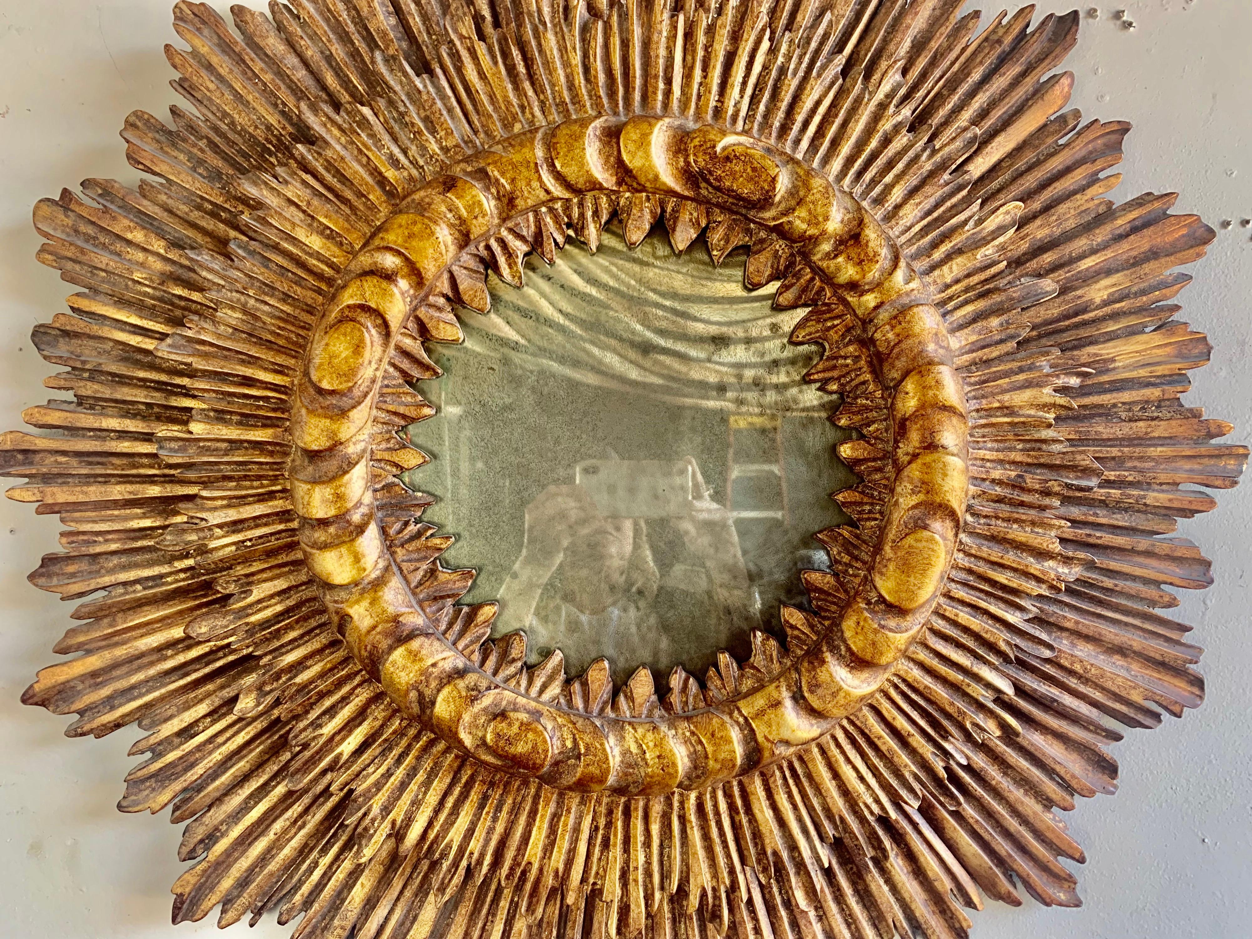 Spanish Gilt Wood Carved Sunburst Mirror, C. 1940's 1