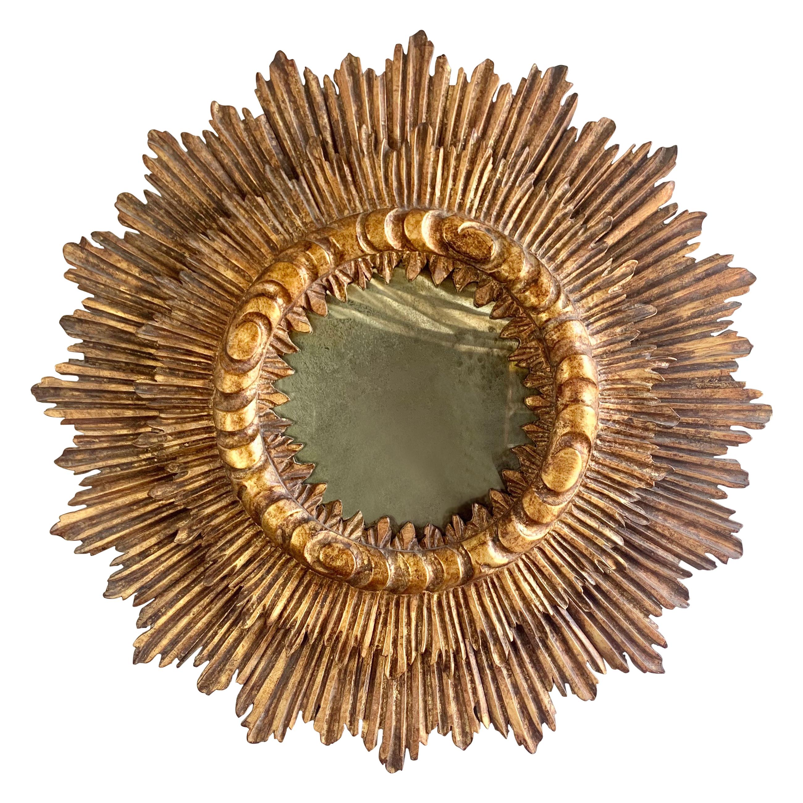 Spanish Gilt Wood Carved Sunburst Mirror, C. 1940's