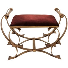 Spanish Bench or Stool with Arms in Wrought Gilt Iron and Red Velvet 