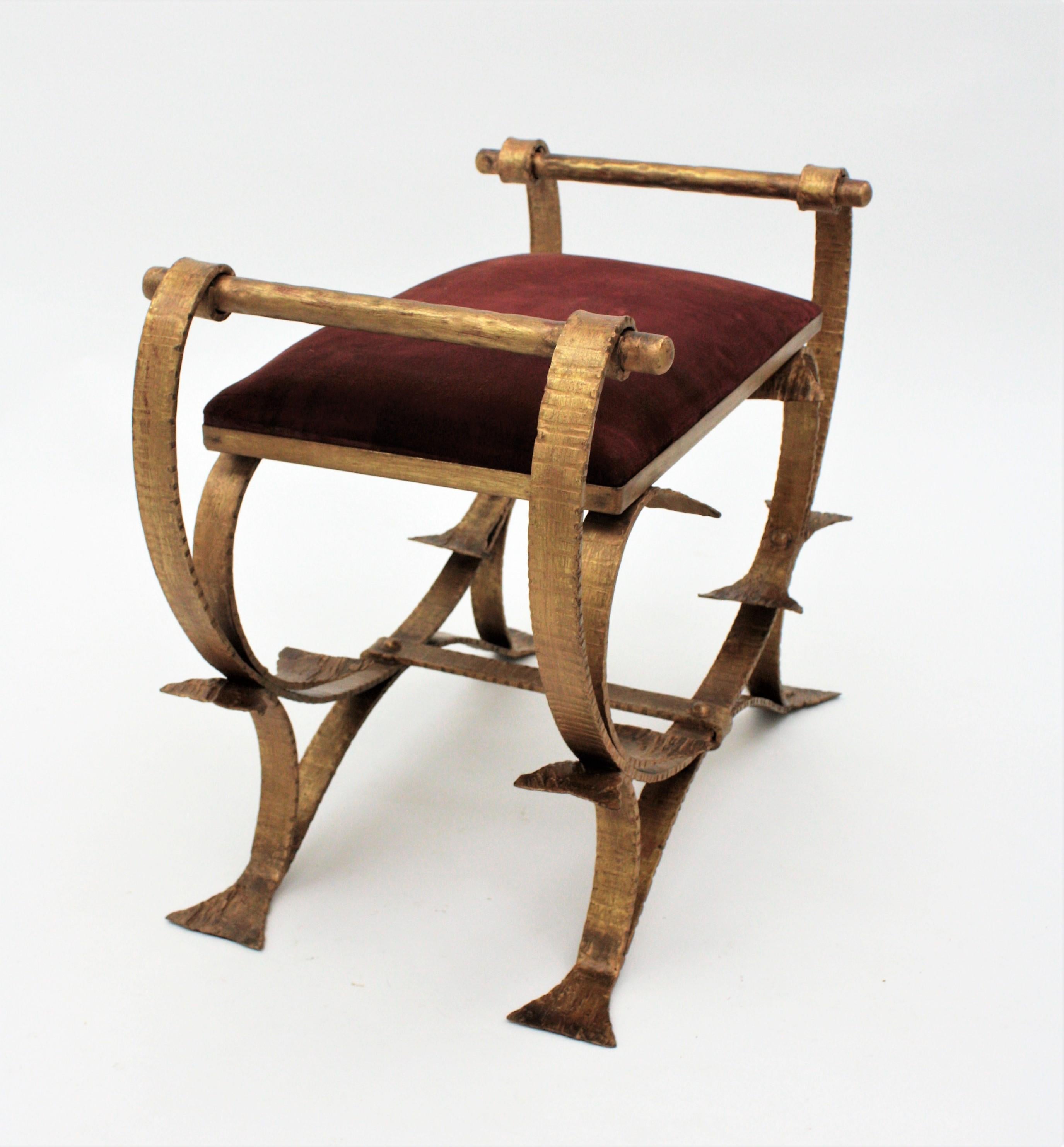 Spanish Bench or Stool with Arms in Wrought Gilt Iron and Red Velvet  3