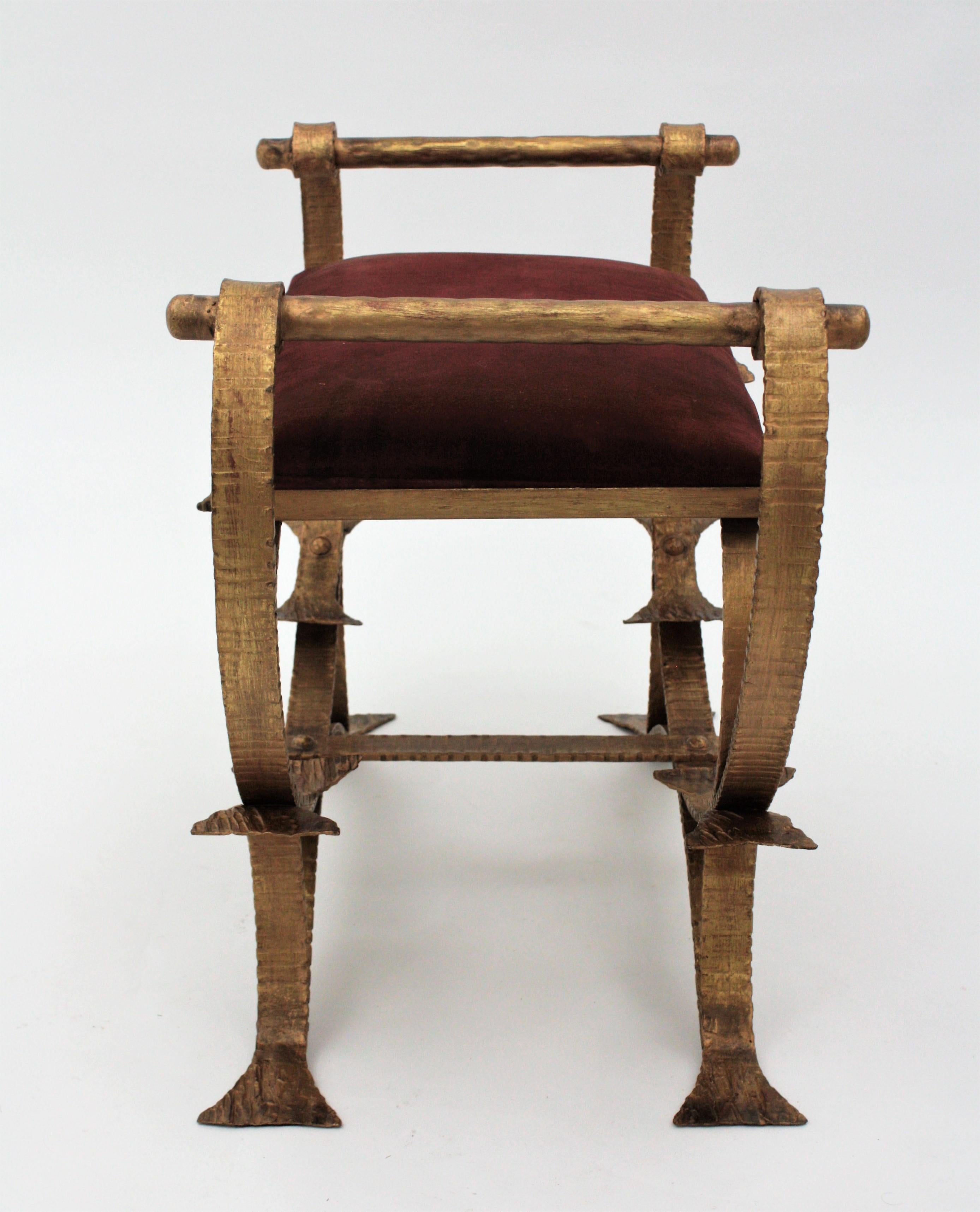 Spanish Bench or Stool with Arms in Wrought Gilt Iron and Red Velvet  4