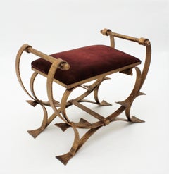 Spanish Bench or Stool with Arms in Wrought Gilt Iron and Red Velvet