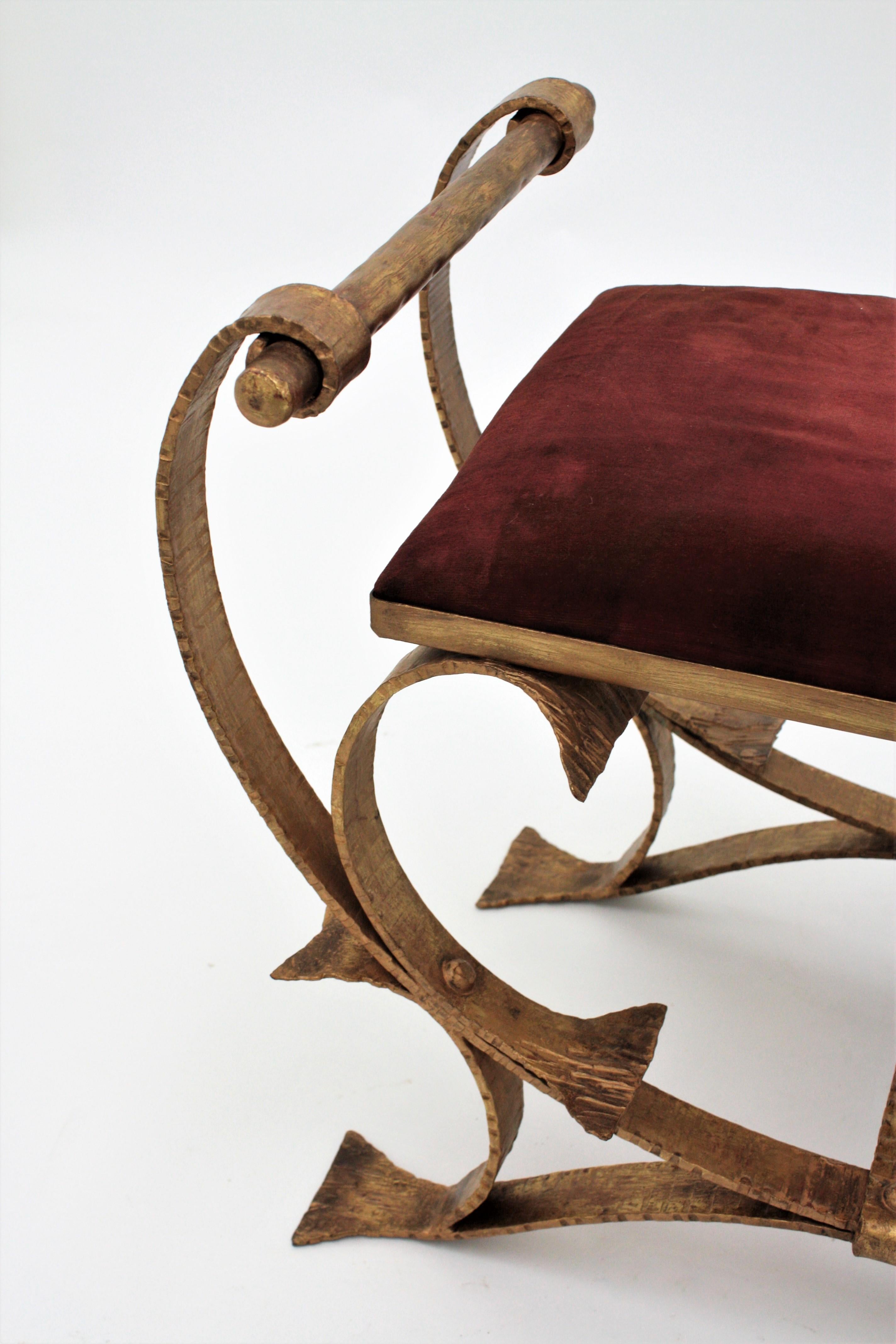 Gothic Revival Spanish Bench or Stool with Arms in Wrought Gilt Iron and Red Velvet 