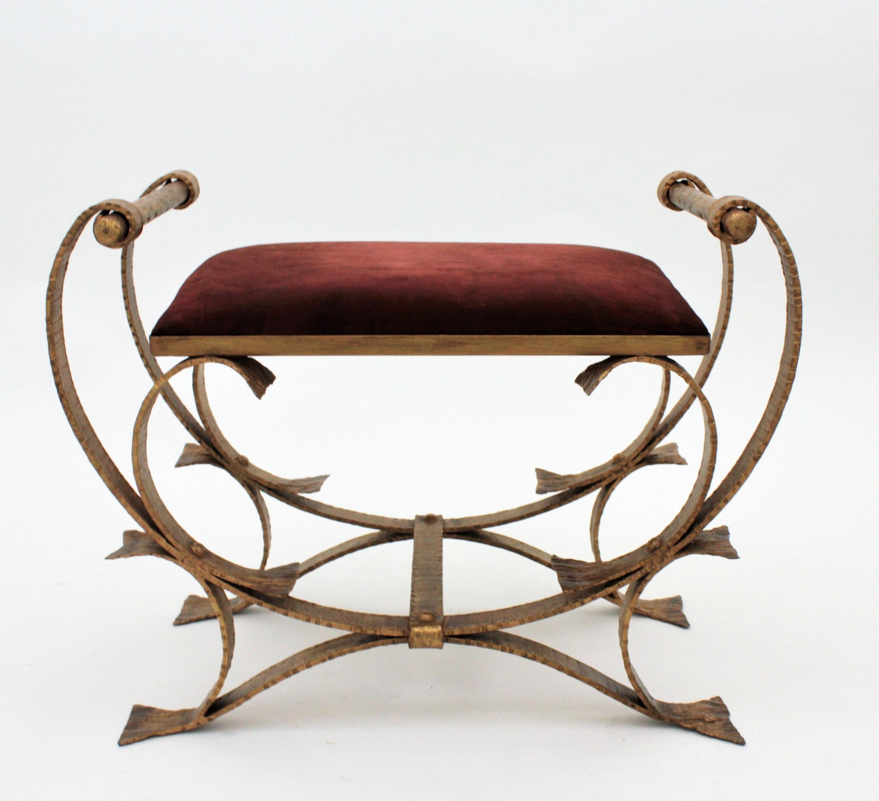 20th Century Spanish Bench or Stool with Arms in Wrought Gilt Iron and Red Velvet 