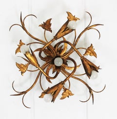 Spanish Gilt Wrought Iron Foliage Floral Chandelier Flushmount Light