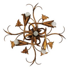 Vintage Spanish Gilt Wrought Iron Foliage Floral Chandelier Flushmount Light 