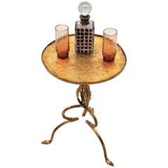 Vintage Spanish Gilt Wrought Iron Gueridon Drinks Table with Foliate Details, 1940s