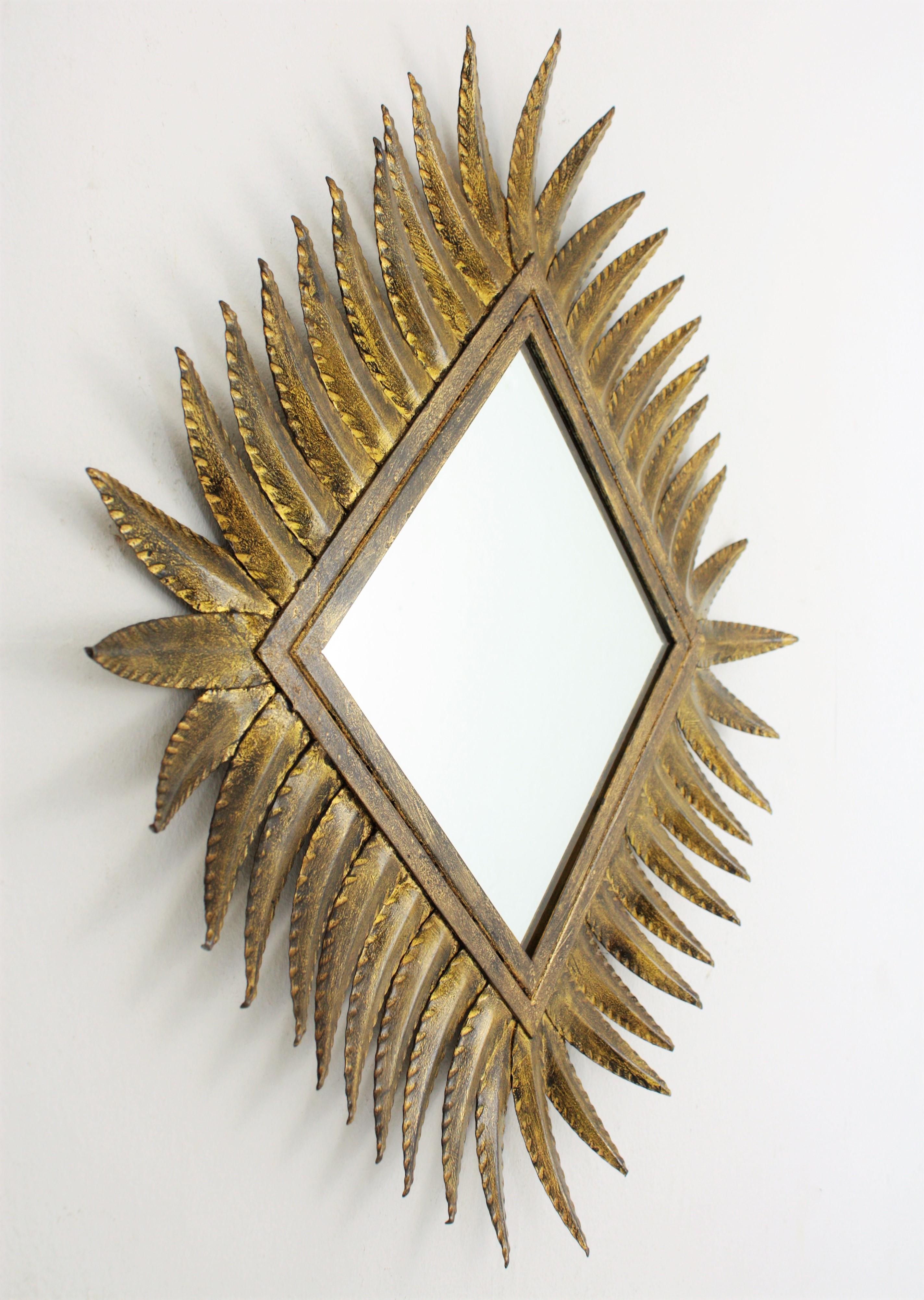 Hammered Sunburst Rhombus Mirror in Gilt Wrought Iron by Ferro Art, 1950s For Sale