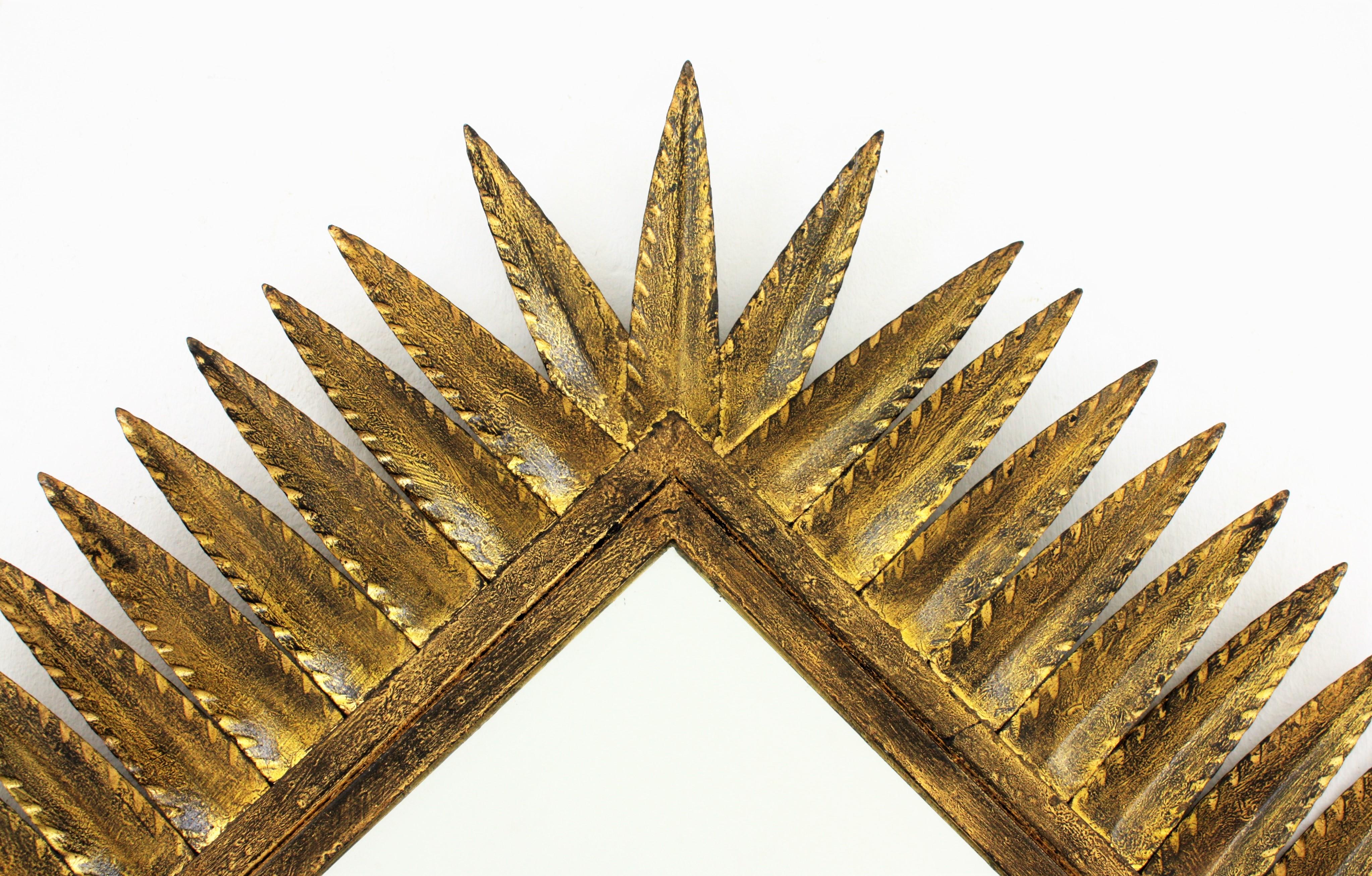 Gold Leaf Sunburst Rhombus Mirror in Gilt Wrought Iron by Ferro Art, 1950s For Sale