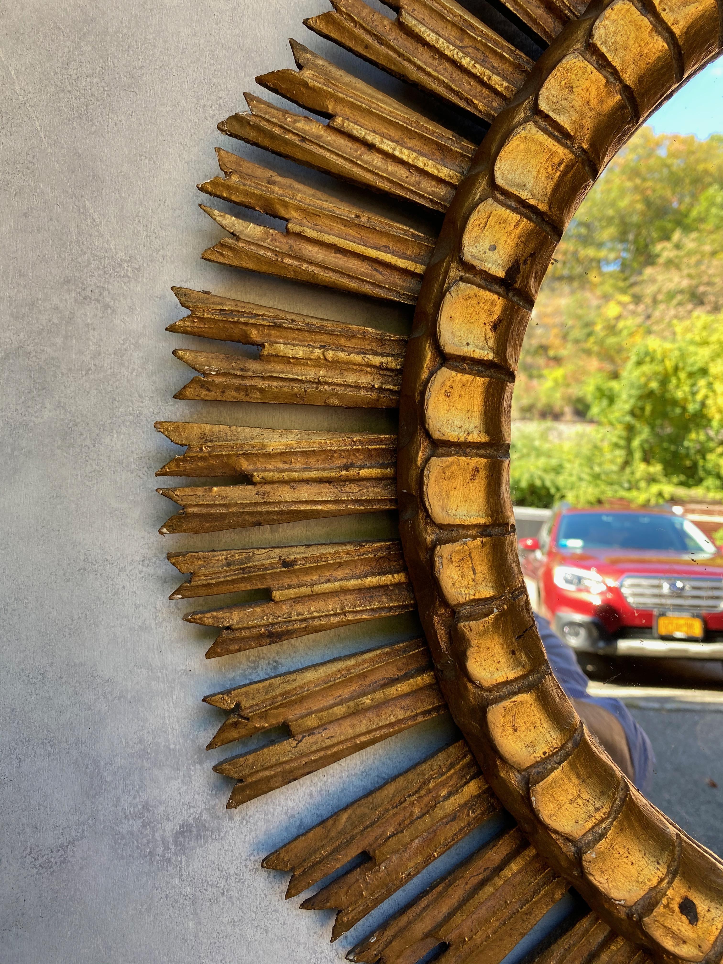 Spanish Giltwood Sunburst Mirror with Carved Frame 4