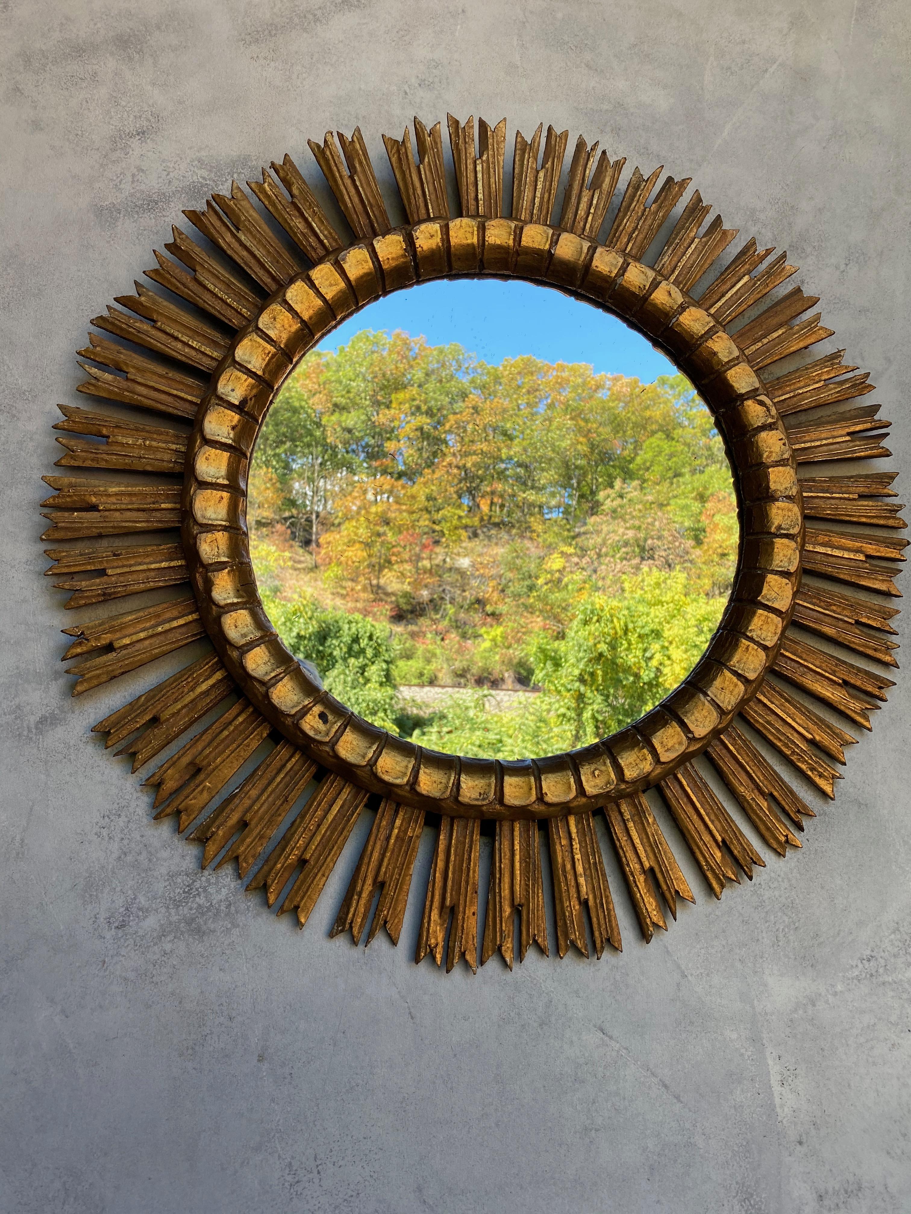 Mid-Century Modern Spanish Giltwood Sunburst Mirror with Carved Frame