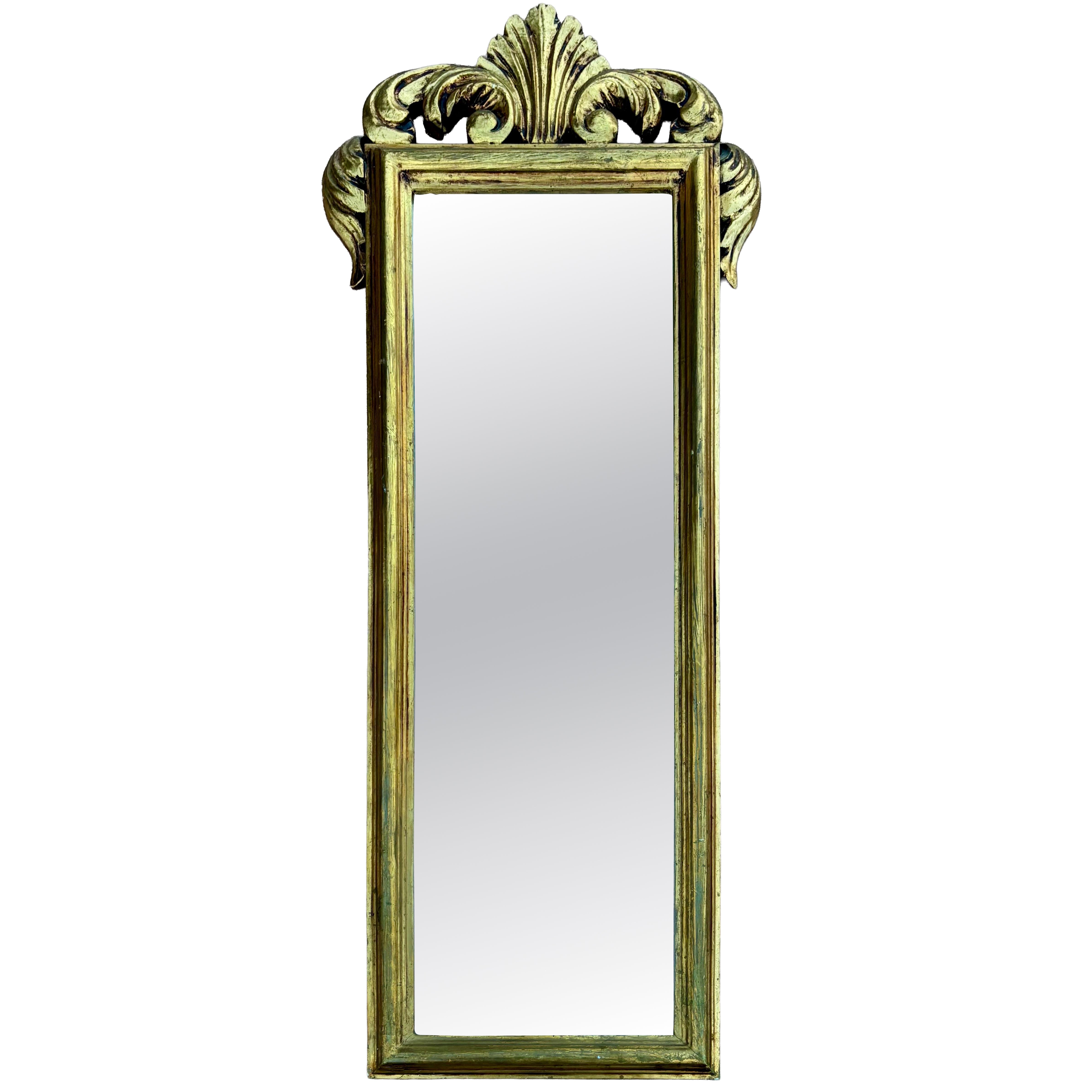Spanish Giltwood Wall Mirror with Carved Crest, Baroque Revival, circa 1950–1960 For Sale