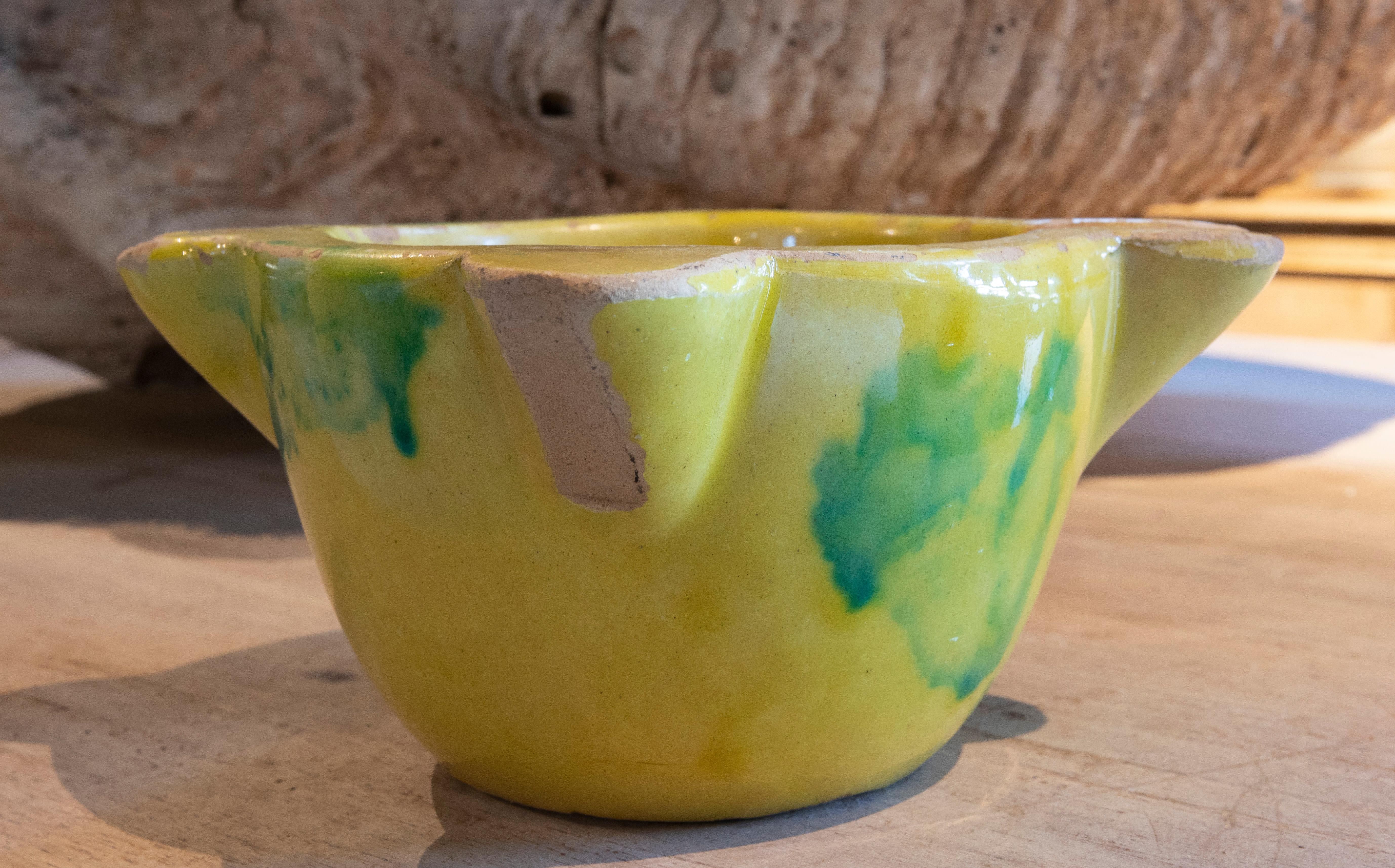 Spanish Glazed Ceramic Mortar in Yellow and Green Color For Sale 8