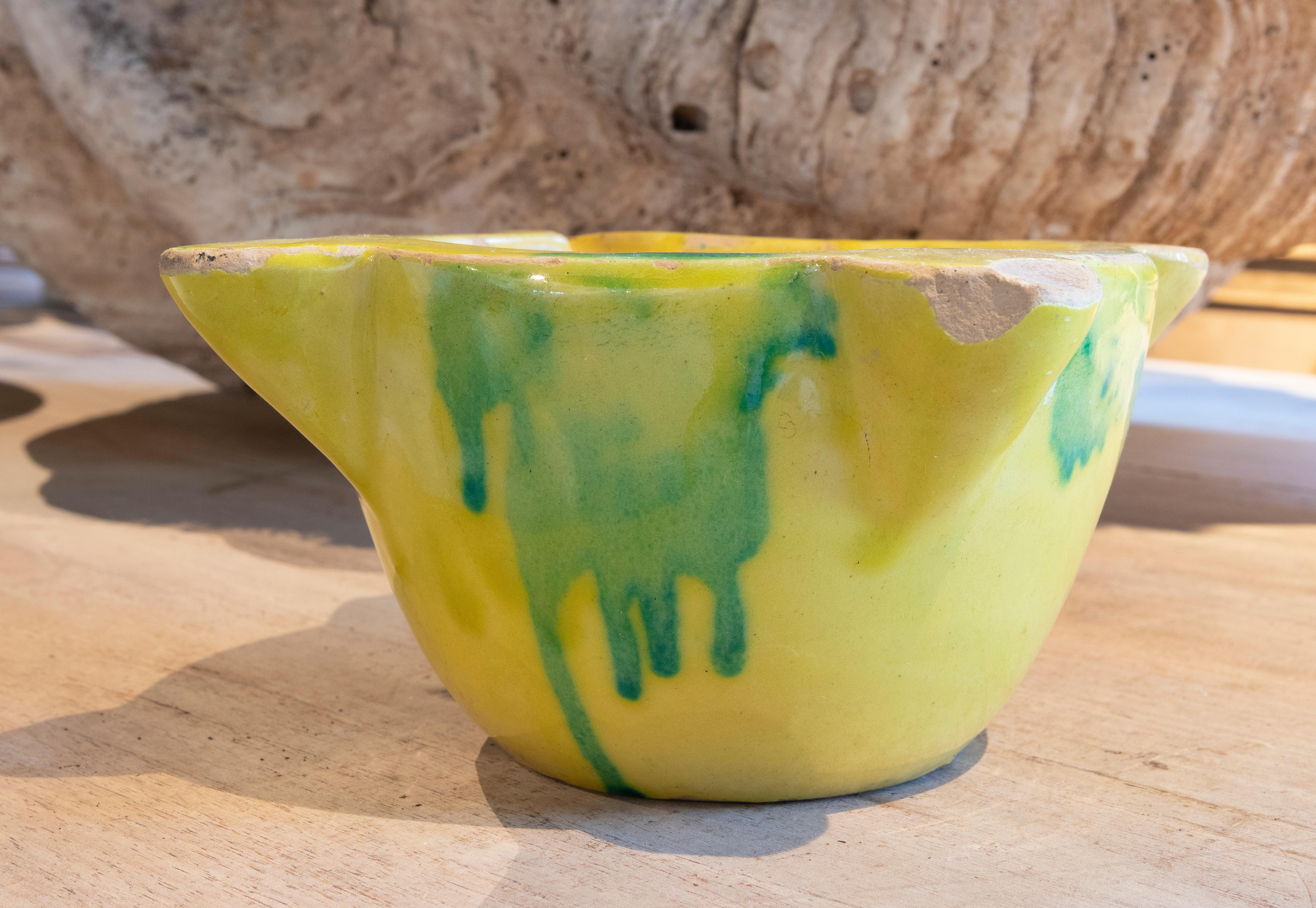 Spanish Glazed Ceramic Mortar in Yellow and Green Color For Sale 10