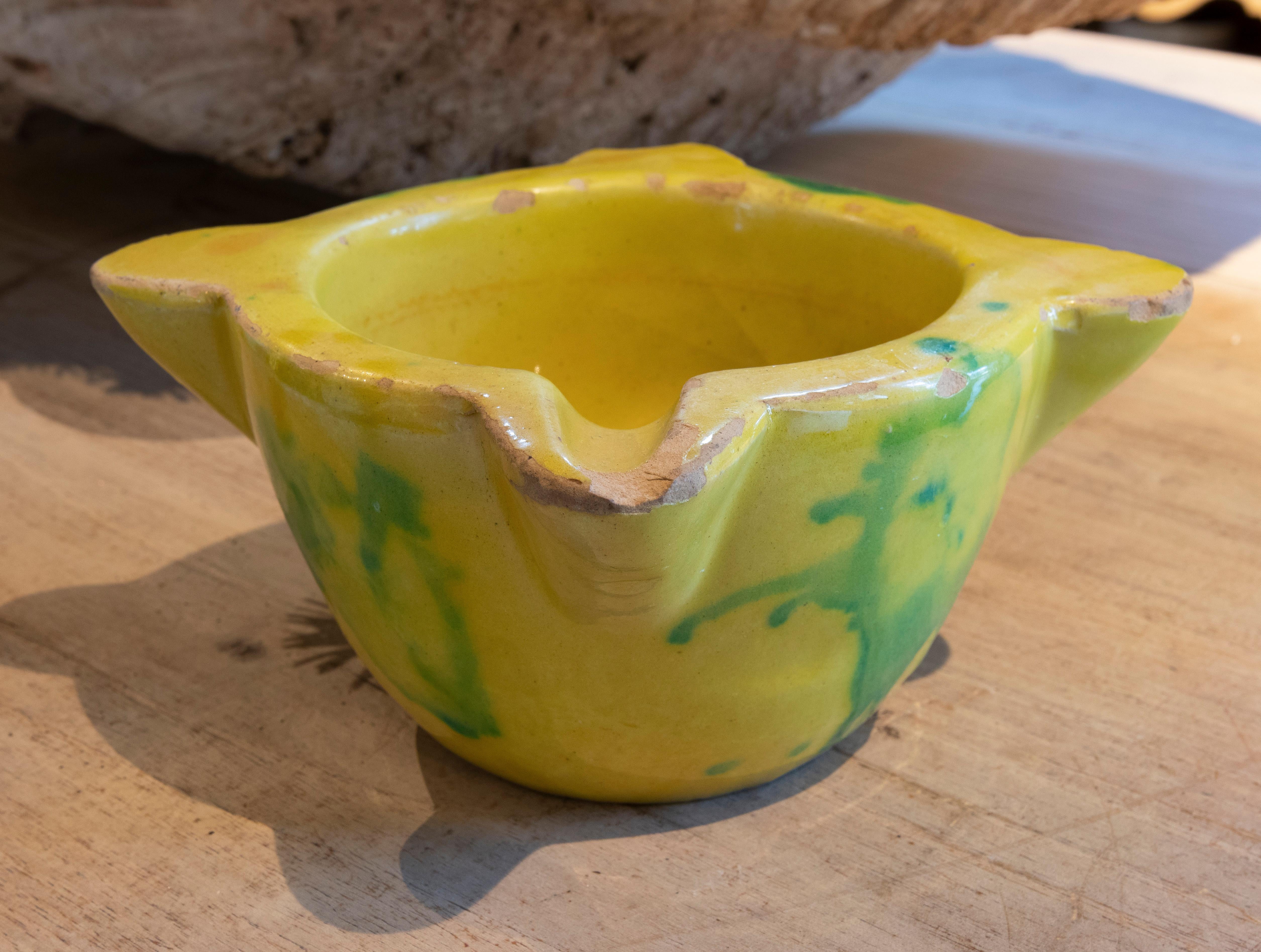 20th Century Spanish Glazed Ceramic Mortar in Yellow and Green Color For Sale