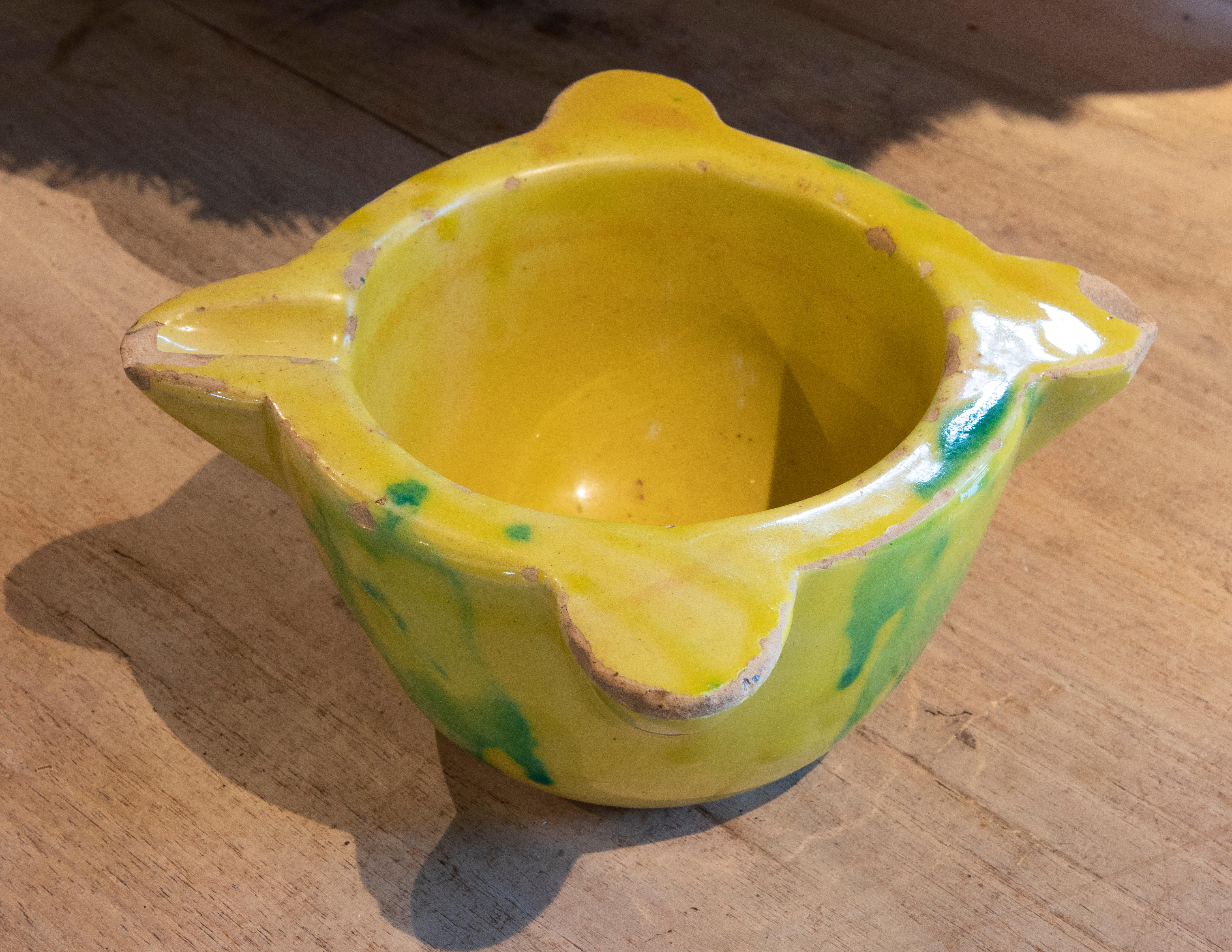 Spanish Glazed Ceramic Mortar in Yellow and Green Color For Sale 2