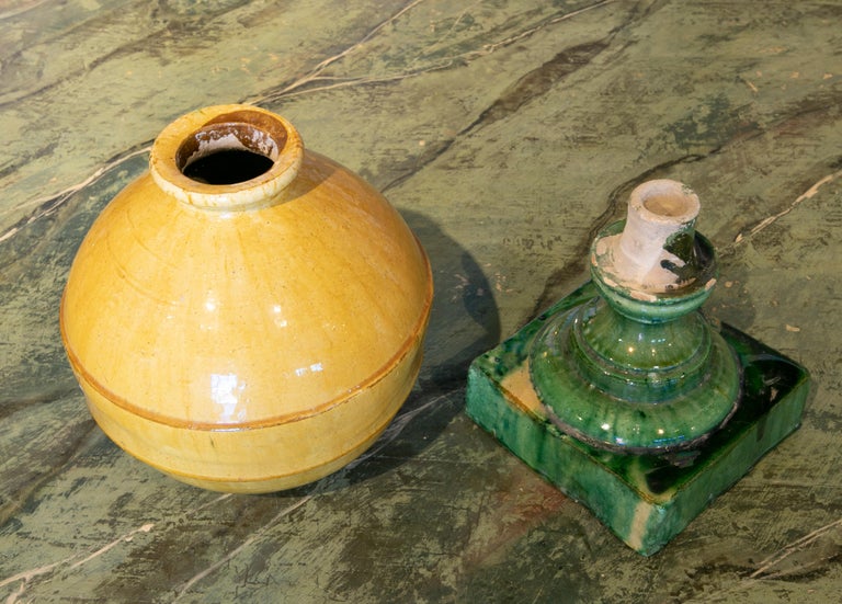Spanish Glazed Ceramics Finials in Yellow with a Green Base For Sale at