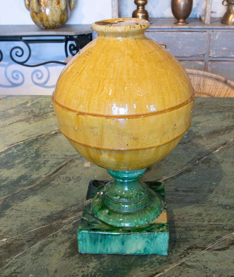 Spanish Glazed Ceramics Finials in Yellow with a Green Base For Sale at