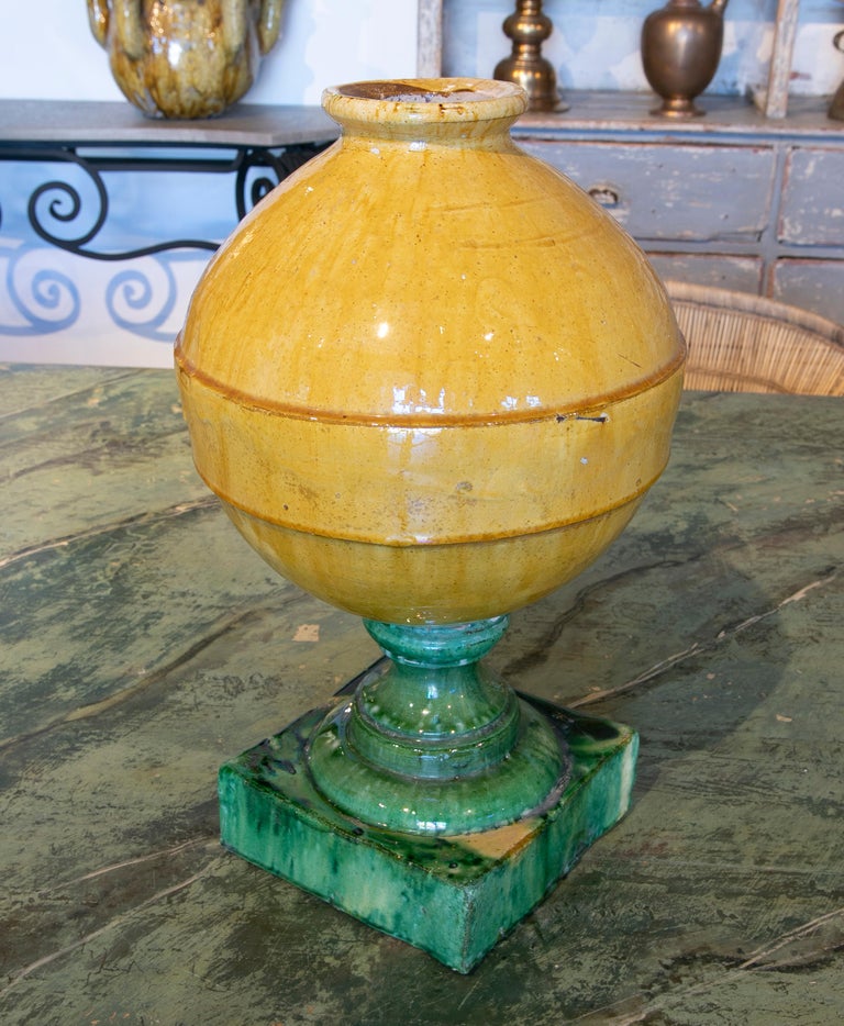 Spanish Glazed Ceramics Finials in Yellow with a Green Base For Sale at