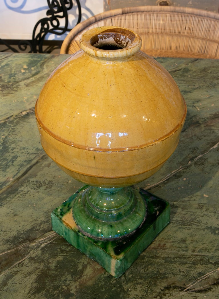 Spanish Glazed Ceramics Finials in Yellow with a Green Base For Sale at