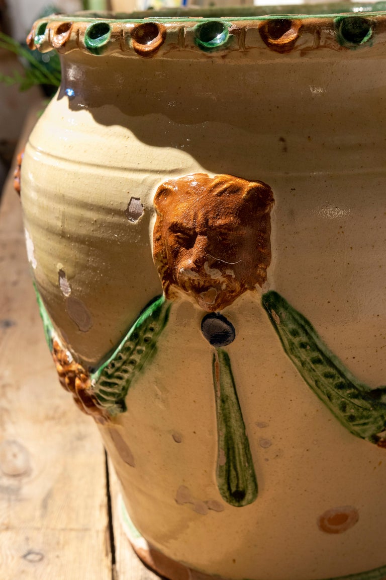 Spanish Glazed Planter with Lions and Garlands Decoration For Sale at