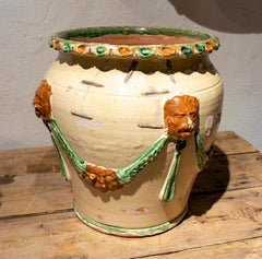 Spanish Glazed Planter with Lions and Garlands Decoration